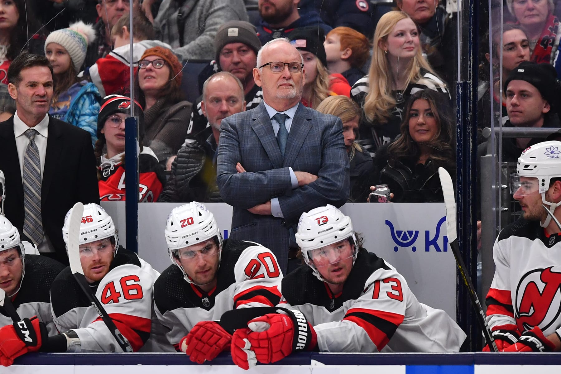 COLUMBUS, OHIO - JANUARY 19: Head coach Lindy Ruff of the New Jersey Devils watches gameplay during the second period of a game against the Columbus Blue Jackets at Nationwide Arena on January 19, 2024 in Columbus, Ohio. (Photo by Ben Jackson/NHLI via Getty Images)