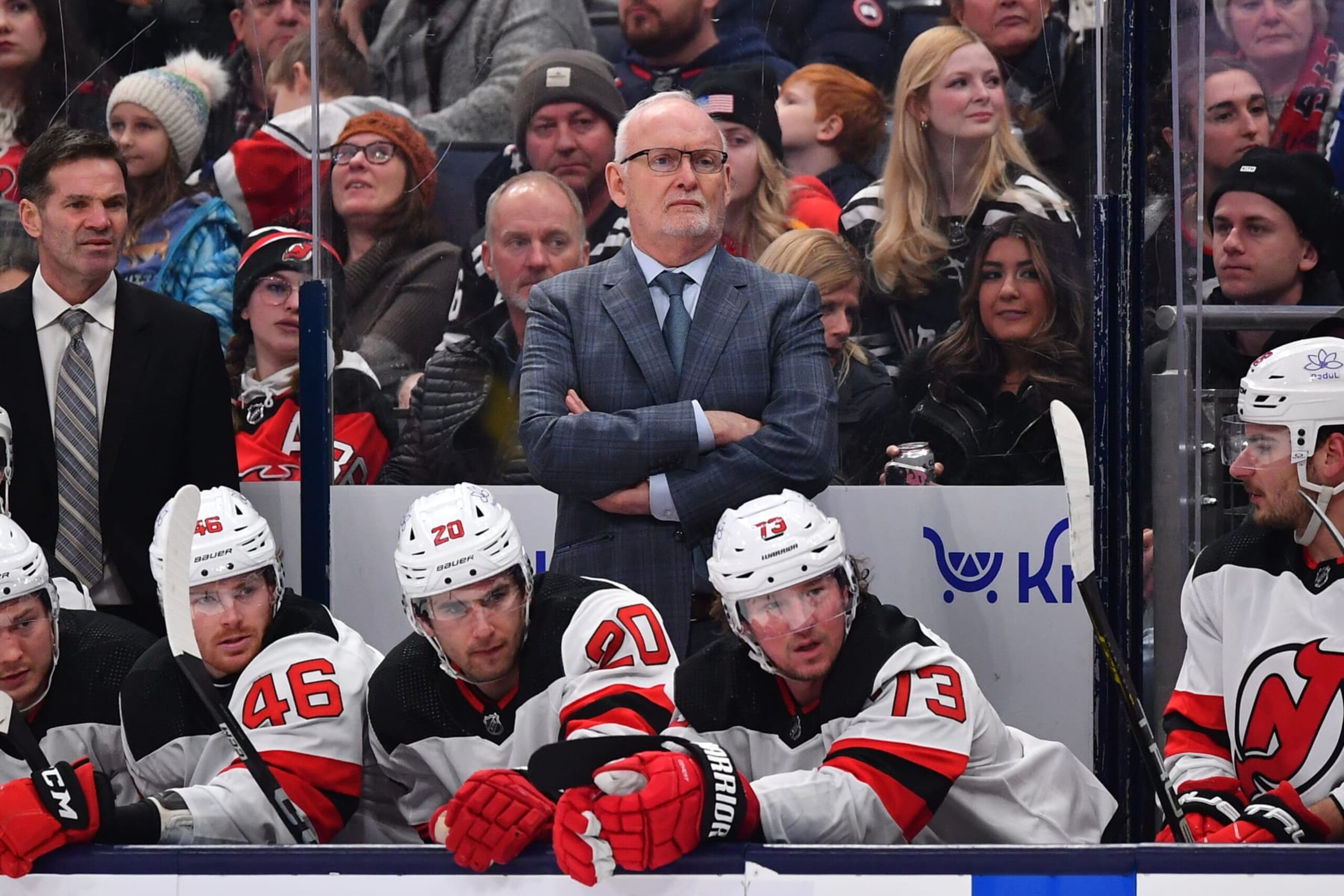 COLUMBUS, OHIO - JANUARY 19: Head coach Lindy Ruff of the New Jersey Devils watches gameplay during the second period of a game against the Columbus Blue Jackets at Nationwide Arena on January 19, 2024 in Columbus, Ohio. (Photo by Ben Jackson/NHLI via Getty Images)