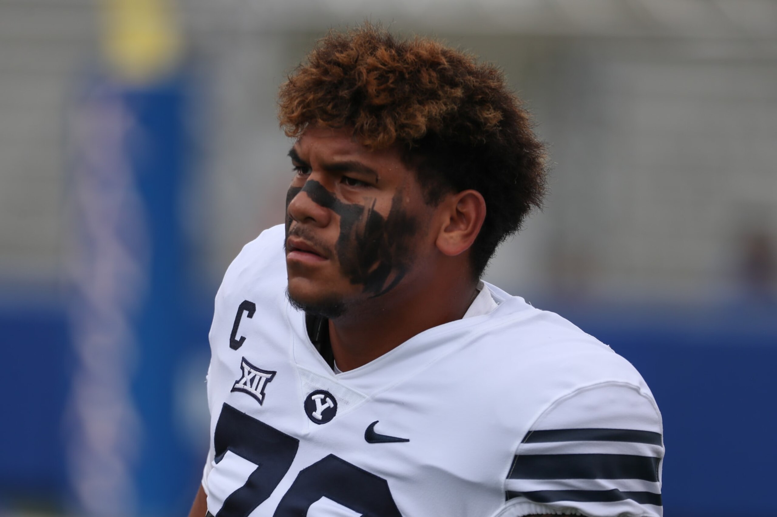 LAWRENCE, KS - SEPTEMBER 23: Brigham Young Cougars offensive lineman Kingsley Suamataia (78) before a Big 12 football game between the Brigham Young Cougars and Kansas Jayhawks on Sep 23, 2023 at David Booth Memorial Stadium in Lawrence, KS. (Photo by Scott Winters/Icon Sportswire via Getty Images)