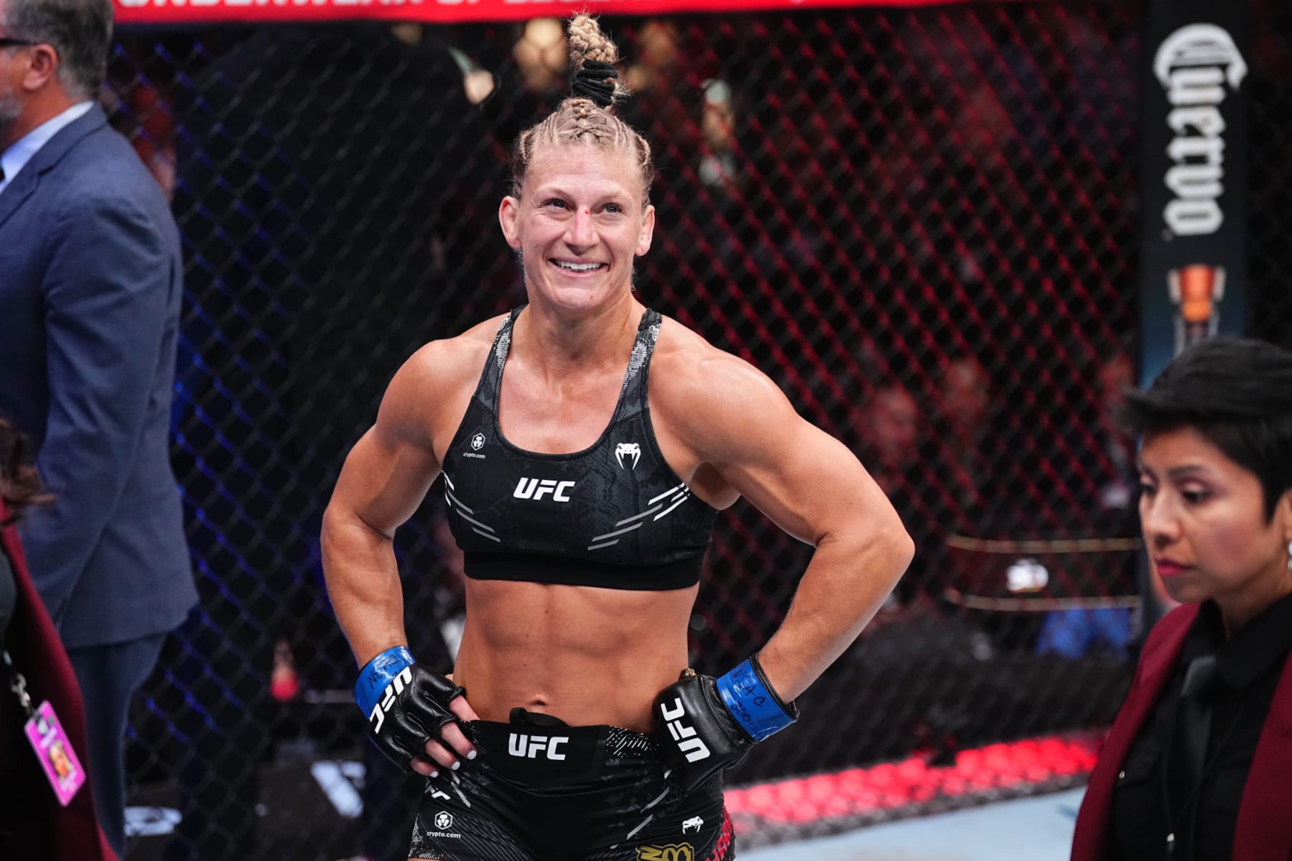 LAS VEGAS, NEVADA - APRIL 13: Kayla Harrison reacts to the end of the round in a bantamweight fight during the UFC 300 event at T-Mobile Arena on April 13, 2024 in Las Vegas, Nevada. (Photo by Jeff Bottari/Zuffa LLC via Getty Images) LAS VEGAS, NEVADA - APRIL 13: Kayla Harrison reacts to the end of the round in a bantamweight fight during the UFC 300 event at T-Mobile Arena on April 13, 2024 in Las Vegas, Nevada. (Photo by Jeff Bottari/Zuffa LLC via Getty Images)