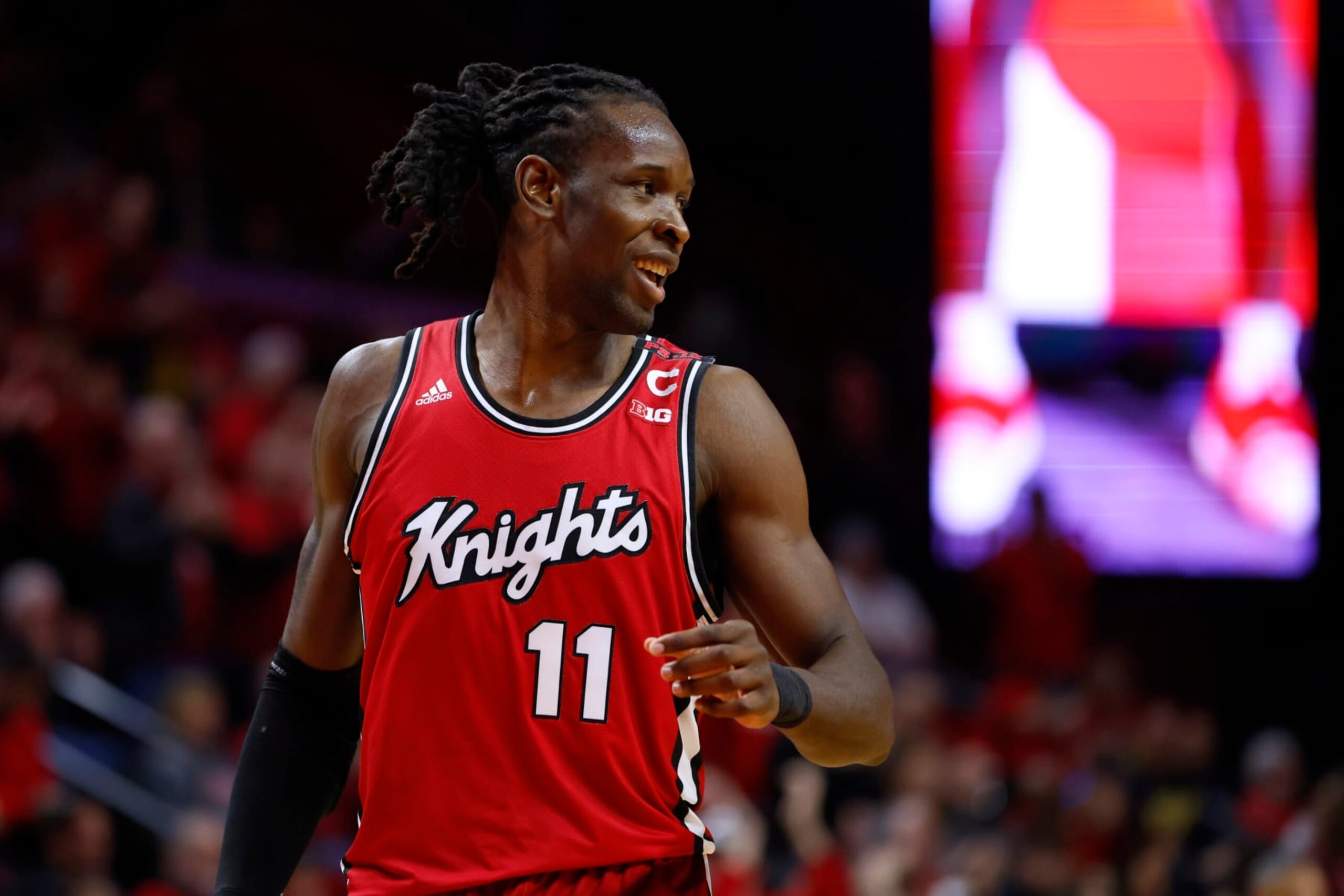 PISCATAWAY, NEW JERSEY - FEBRUARY 29: Clifford Omoruyi #11 of the Rutgers Scarlet Knights in action against the Michigan Wolverines during a game at Jersey Mike's Arena on February 29, 2024 in Piscataway, New Jersey. Rutgers defeated Michigan 82-52. (Photo by Rich Schultz/Getty Images)