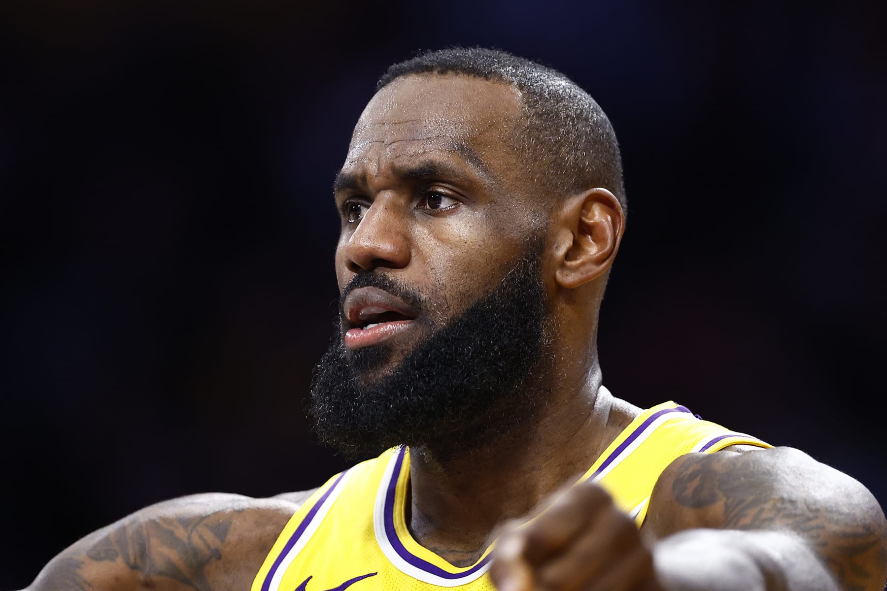 LOS ANGELES, CALIFORNIA - APRIL 09:  LeBron James #23 of the Los Angeles Lakers at Crypto.com Arena on April 09, 2024 in Los Angeles, California.  NOTE TO USER: User expressly acknowledges and agrees that, by downloading and/or using this photograph, user is consenting to the terms and conditions of the Getty Images License Agreement.  (Photo by Ronald Martinez/Getty Images)