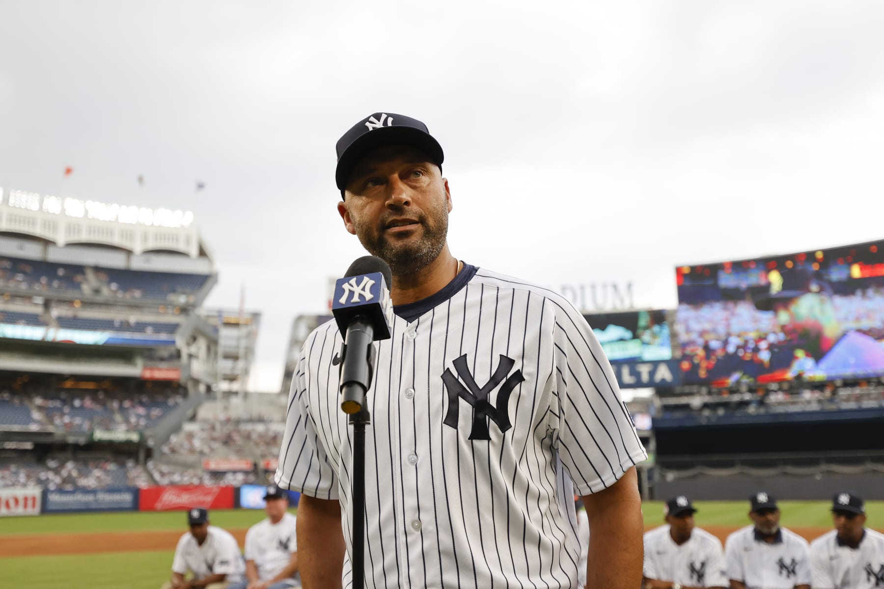 NEW YORK, NY - SEPTEMBER 9: Derek Jeter speaks at Old-Timers' Day at Yankee Stadium on September 9, 2023, in New York, New York. (Photo by New York Yankees/Getty Images)