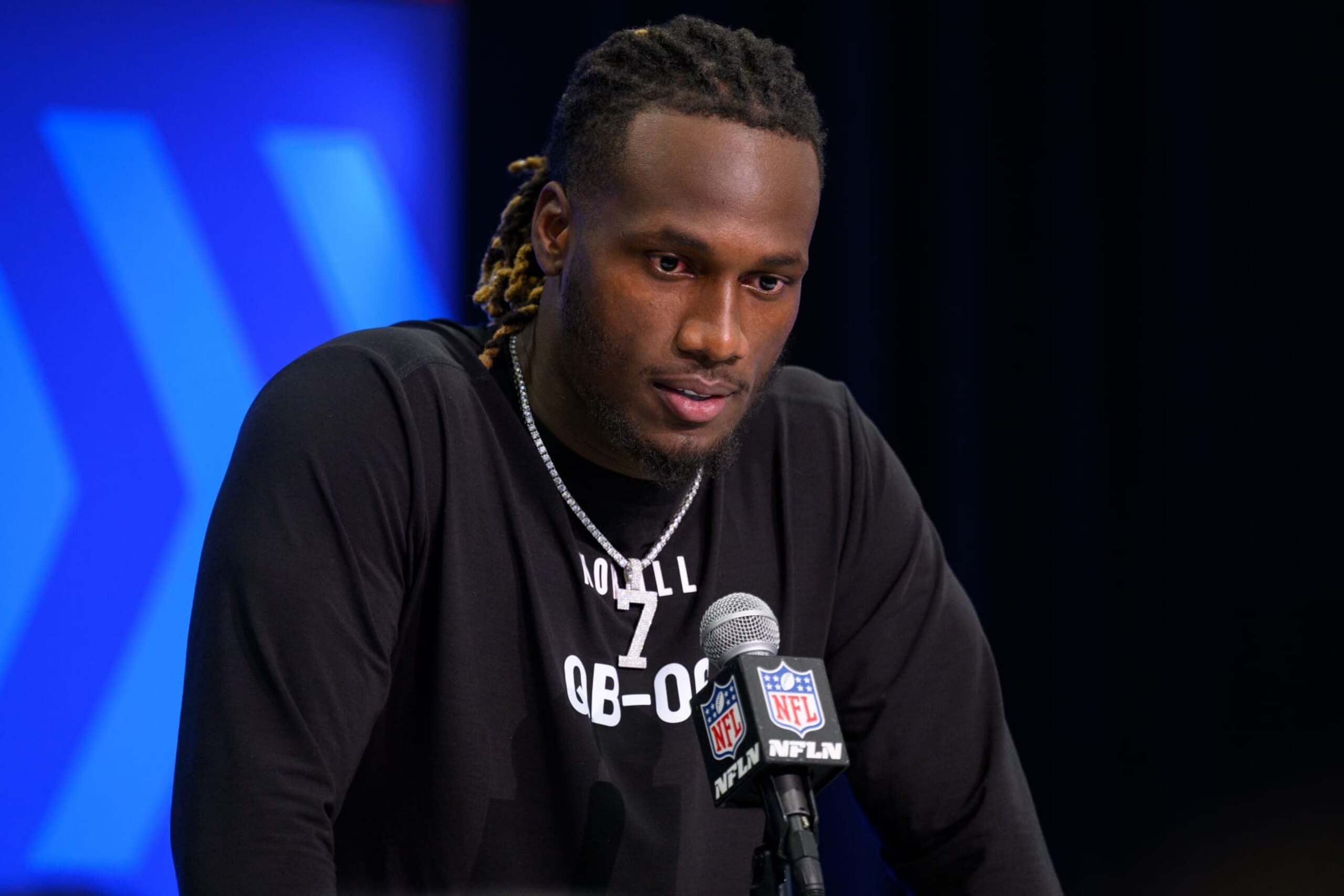 INDIANAPOLIS, IN - MARCH 01: Tennessee quarterback Joe Milton III answers questions from the media during the NFL Scouting Combine on March 1, 2024, at the Indiana Convention Center in Indianapolis, IN. (Photo by Zach Bolinger/Icon Sportswire via Getty Images)