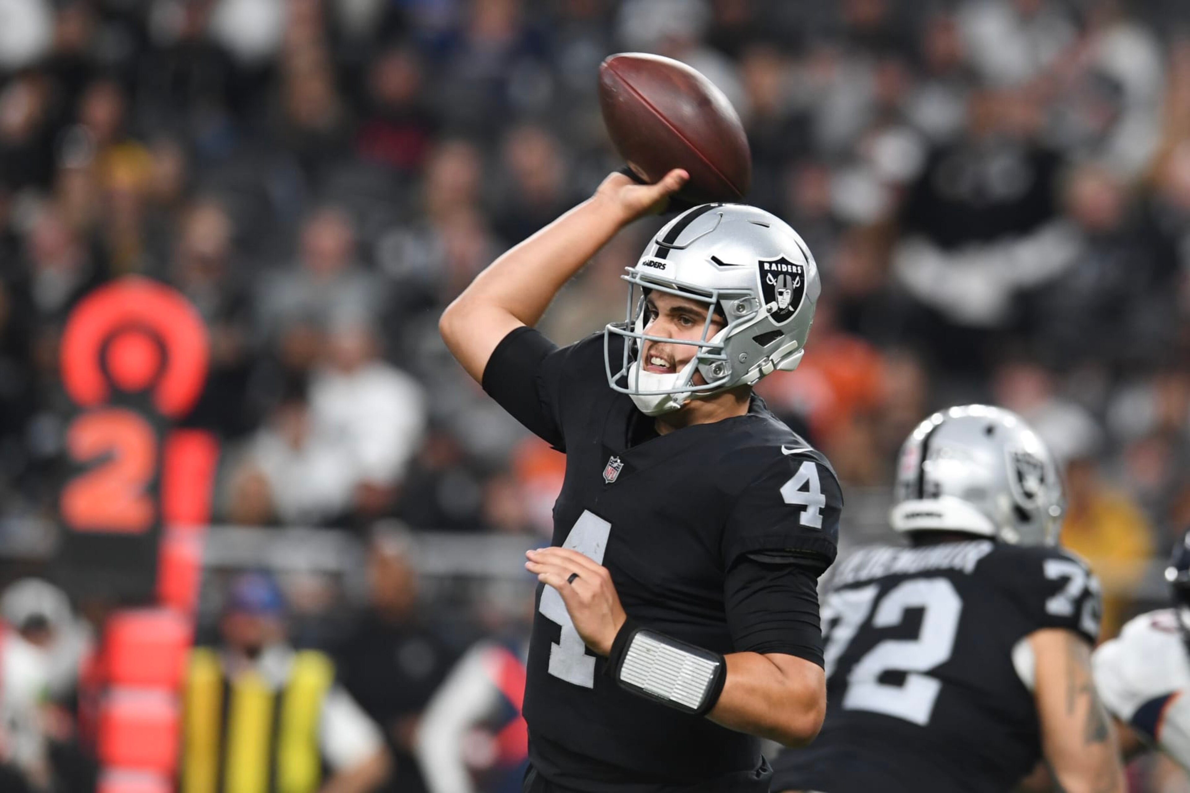 LAS VEGAS, NEVADA - JANUARY 07: Quarterback Aidan O'Connell #4 of the Las Vegas Raiders attempts a pass against the Denver Broncos in the fourth quarter at Allegiant Stadium on January 07, 2024 in Las Vegas, Nevada. The Raiders defeated the Broncos 27-14. (Photo by Candice Ward/Getty Images) LAS VEGAS, NEVADA - JANUARY 07: Quarterback Aidan O'Connell #4 of the Las Vegas Raiders attempts a pass against the Denver Broncos in the fourth quarter at Allegiant Stadium on January 07, 2024 in Las Vegas, Nevada. The Raiders defeated the Broncos 27-14. (Photo by Candice Ward/Getty Images)