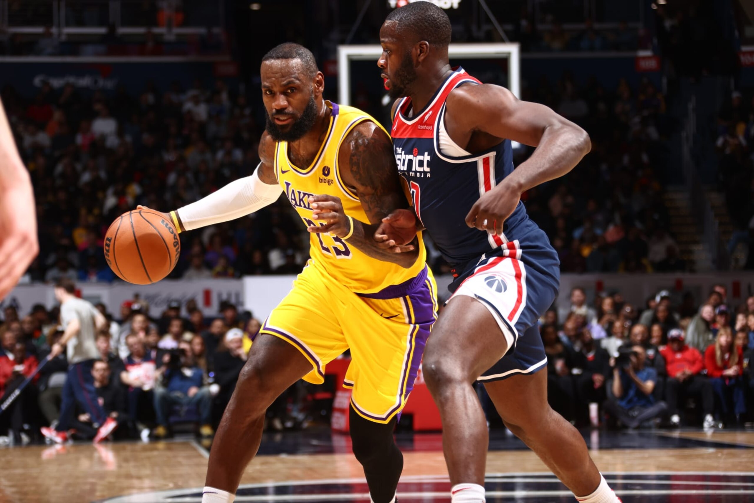 WASHINGTON, DC - APRIL 4: LeBron James #23 of the Los Angeles Lakers handles the ball during the game Washington Wizards on April 4, 2024 at Capital One Arena in Washington, DC. NOTE TO USER: User expressly acknowledges and agrees that, by downloading and or using this Photograph, user is consenting to the terms and conditions of the Getty Images License Agreement. Mandatory Copyright Notice: Copyright 2024 NBAE (Photo by Kenny Giarla/NBAE via Getty Images) WASHINGTON, DC - APRIL 4: LeBron James #23 of the Los Angeles Lakers handles the ball during the game Washington Wizards on April 4, 2024 at Capital One Arena in Washington, DC. NOTE TO USER: User expressly acknowledges and agrees that, by downloading and or using this Photograph, user is consenting to the terms and conditions of the Getty Images License Agreement. Mandatory Copyright Notice: Copyright 2024 NBAE (Photo by Kenny Giarla/NBAE via Getty Images)