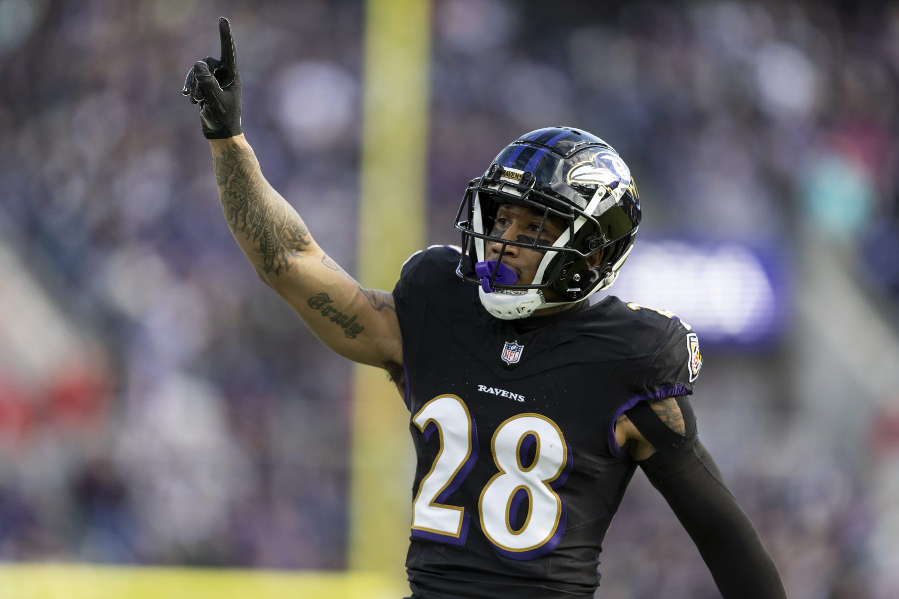 BALTIMORE, MARYLAND - DECEMBER 31: Ronald Darby #28 of the Baltimore Ravens reacts during an NFL football game between the Baltimore Ravens and the Miami Dolphins at M&T Bank Stadium on December 31, 2023 in Baltimore, Maryland. (Photo by Michael Owens/Getty Images)