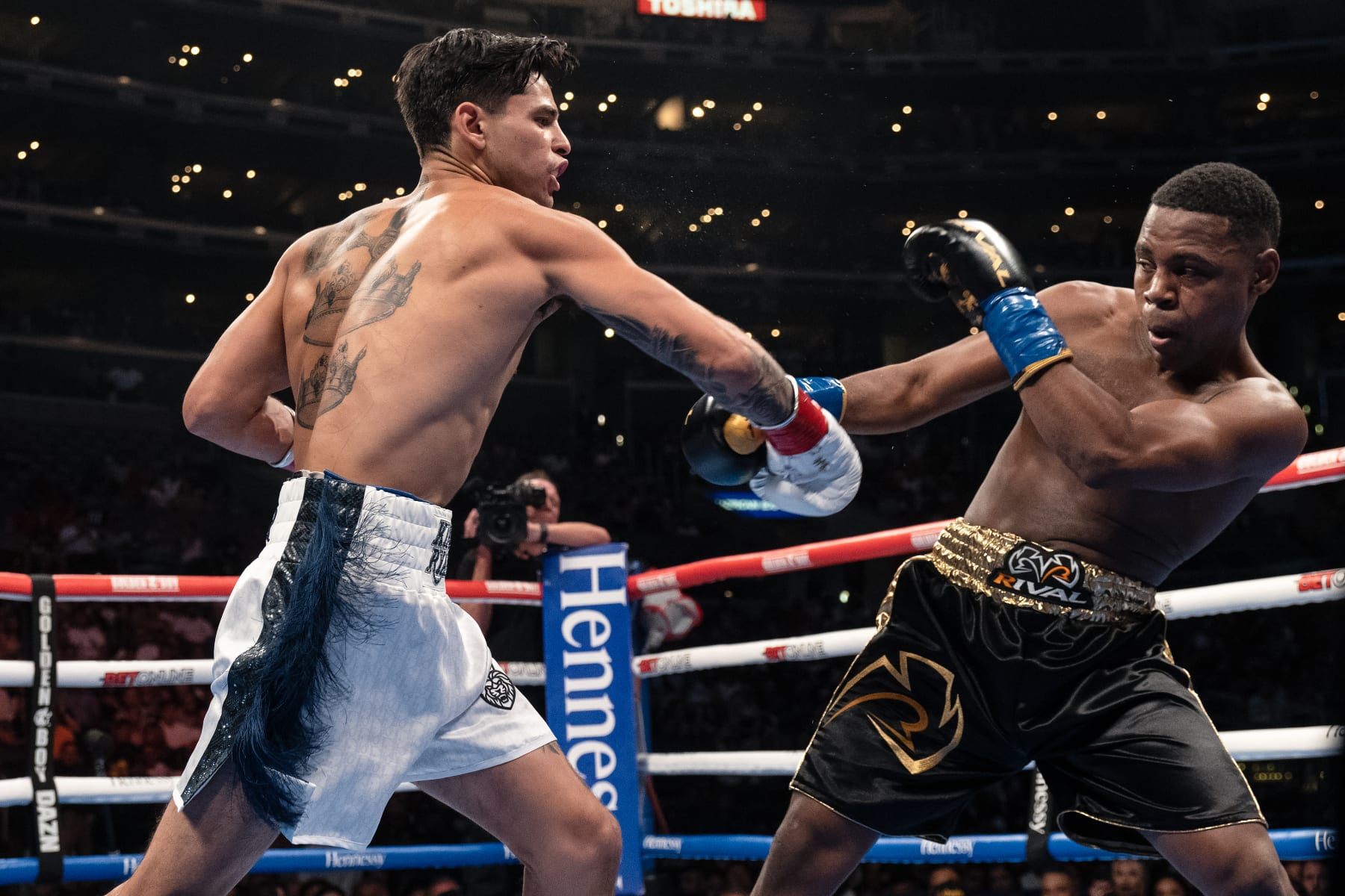 LOS ANGELES, CALIFORNIA - JULY 16: Ryan Garcia (L) fights Javier Fortuna during their Super Light weight 12 rounds fight at Crypto.com Arena on July 16, 2022 in Los Angeles, California. (Photo by Sye Williams/Getty Images)