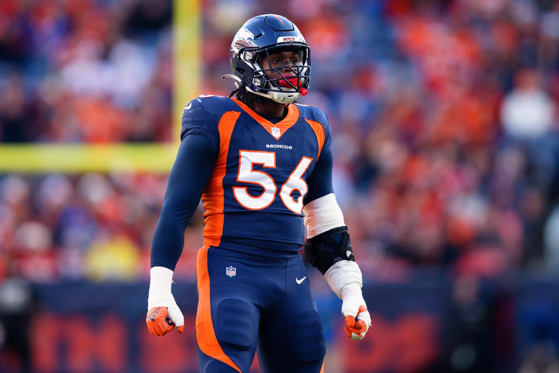 DENVER, CO - DECEMBER 11:  Linebacker Baron Browning #56 of the Denver Broncos stands on the field against the Kansas City Chiefs in the first half at Empower Field at Mile High on December 11, 2022 in Denver, Colorado. (Photo by Justin Edmonds/Getty Images)