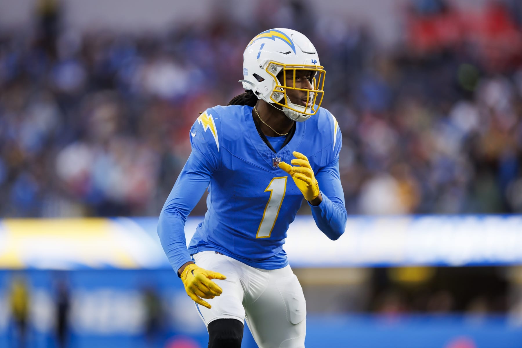 INGLEWOOD, CALIFORNIA - JANUARY 07: Quentin Johnston #1 of the Los Angeles Chargers  runs a route during an NFL football game against the Kansas City Chiefs at SoFi Stadium on January 7, 2024 in Inglewood, California. (Photo by Ryan Kang/Getty Images)