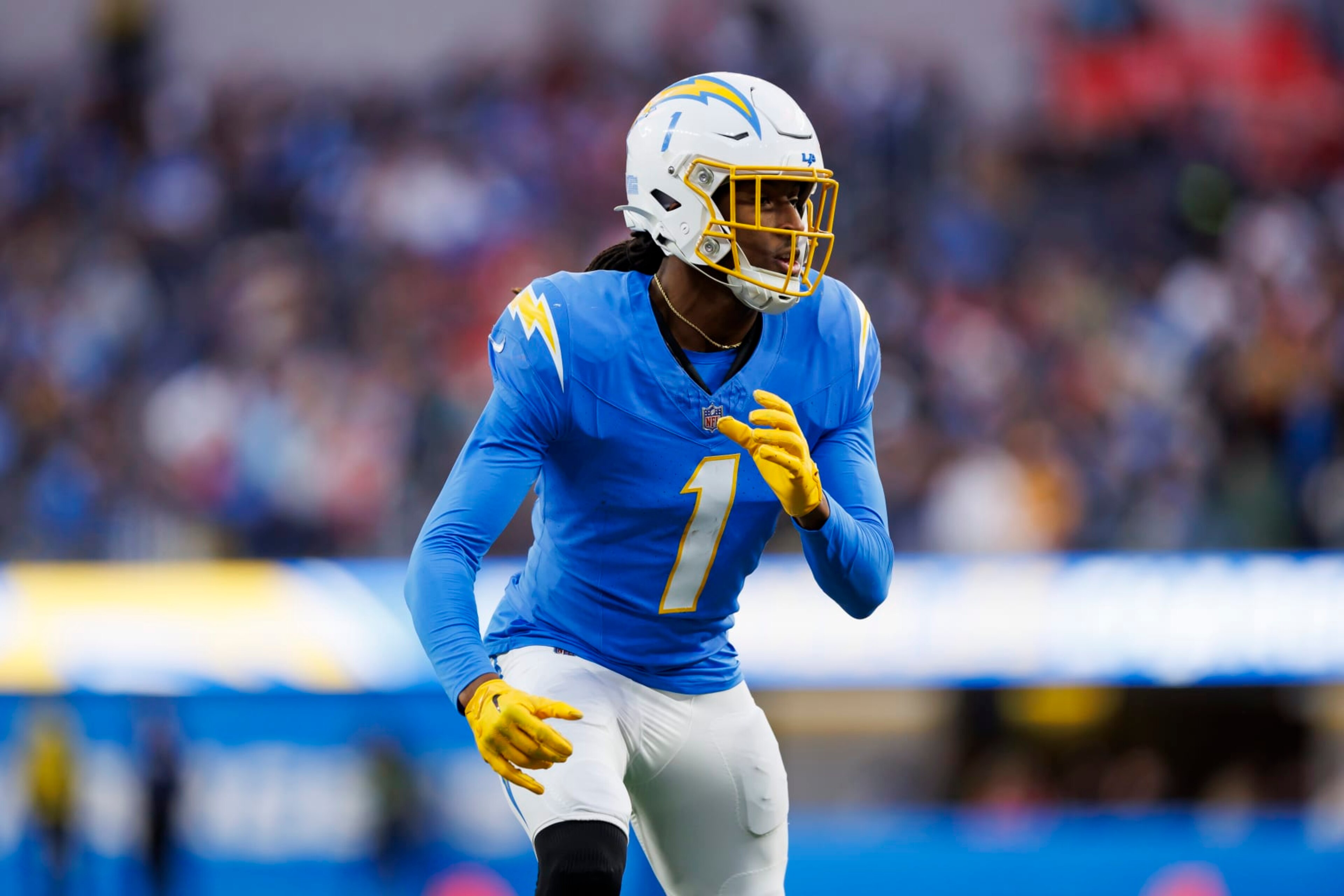 INGLEWOOD, CALIFORNIA - JANUARY 07: Quentin Johnston #1 of the Los Angeles Chargers runs a route during an NFL football game against the Kansas City Chiefs at SoFi Stadium on January 7, 2024 in Inglewood, California. (Photo by Ryan Kang/Getty Images) INGLEWOOD, CALIFORNIA - JANUARY 07: Quentin Johnston #1 of the Los Angeles Chargers runs a route during an NFL football game against the Kansas City Chiefs at SoFi Stadium on January 7, 2024 in Inglewood, California. (Photo by Ryan Kang/Getty Images)