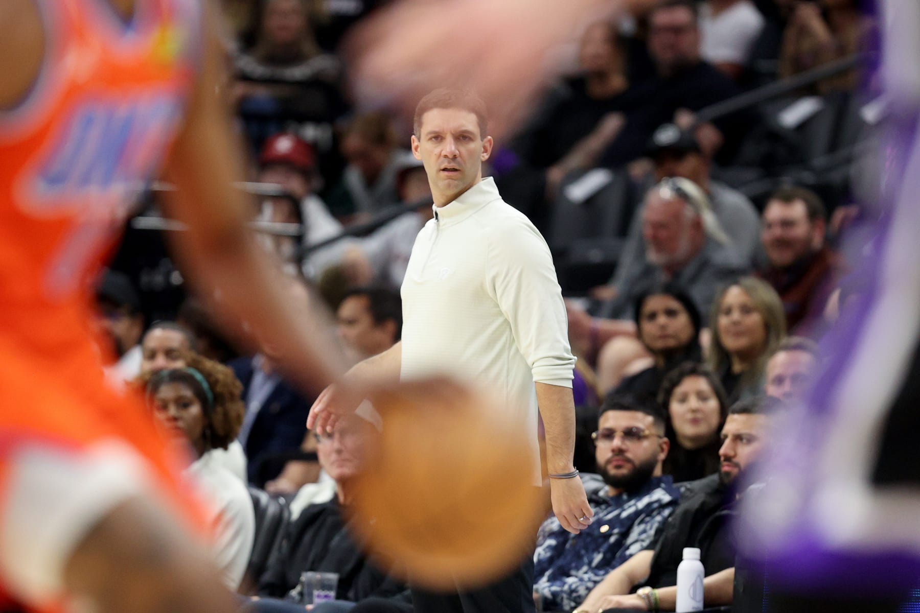 SACRAMENTO, CALIFORNIA - DECEMBER 14: Oklahoma City Thunder head coach Mark Daigneault watches his team play against the Sacramento Kings in the first half at Golden 1 Center on December 14, 2023 in Sacramento, California. NOTE TO USER: User expressly acknowledges and agrees that, by downloading and or using this photograph, User is consenting to the terms and conditions of the Getty Images License Agreement.  (Photo by Ezra Shaw/Getty Images)