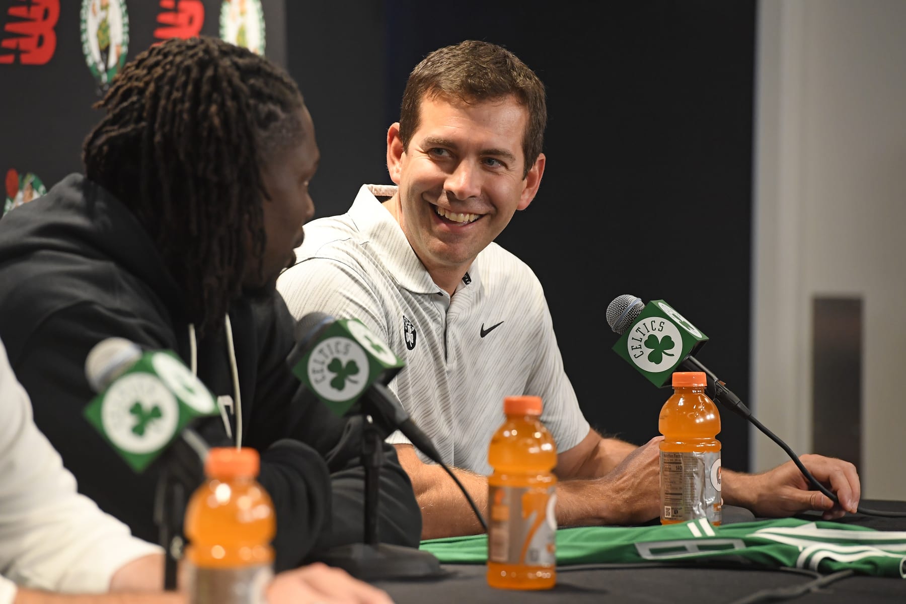 BOSTON, MA - OCTOBER 04: The Boston Celtics introduce Jrue Holiday during a press conference on October 4, 2023 at the TD Garden in Boston, Massachusetts. NOTE TO USER: User expressly acknowledges and agrees that, by downloading and or using this photograph, User is consenting to the terms and conditions of the Getty Images License Agreement. Mandatory Copyright Notice: Copyright 2023 NBAE (Photo by Brian Babineau/NBAE via Getty Images)