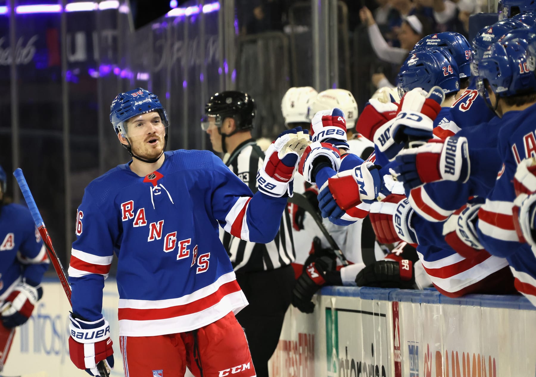 NEW YORK, NEW YORK - APRIL 15: Jack Roslovic #96 of the New York Rangers celebrates his first period goal against the Ottawa Senators  at Madison Square Garden on April 15, 2024 in New York City. (Photo by Bruce Bennett/Getty Images)