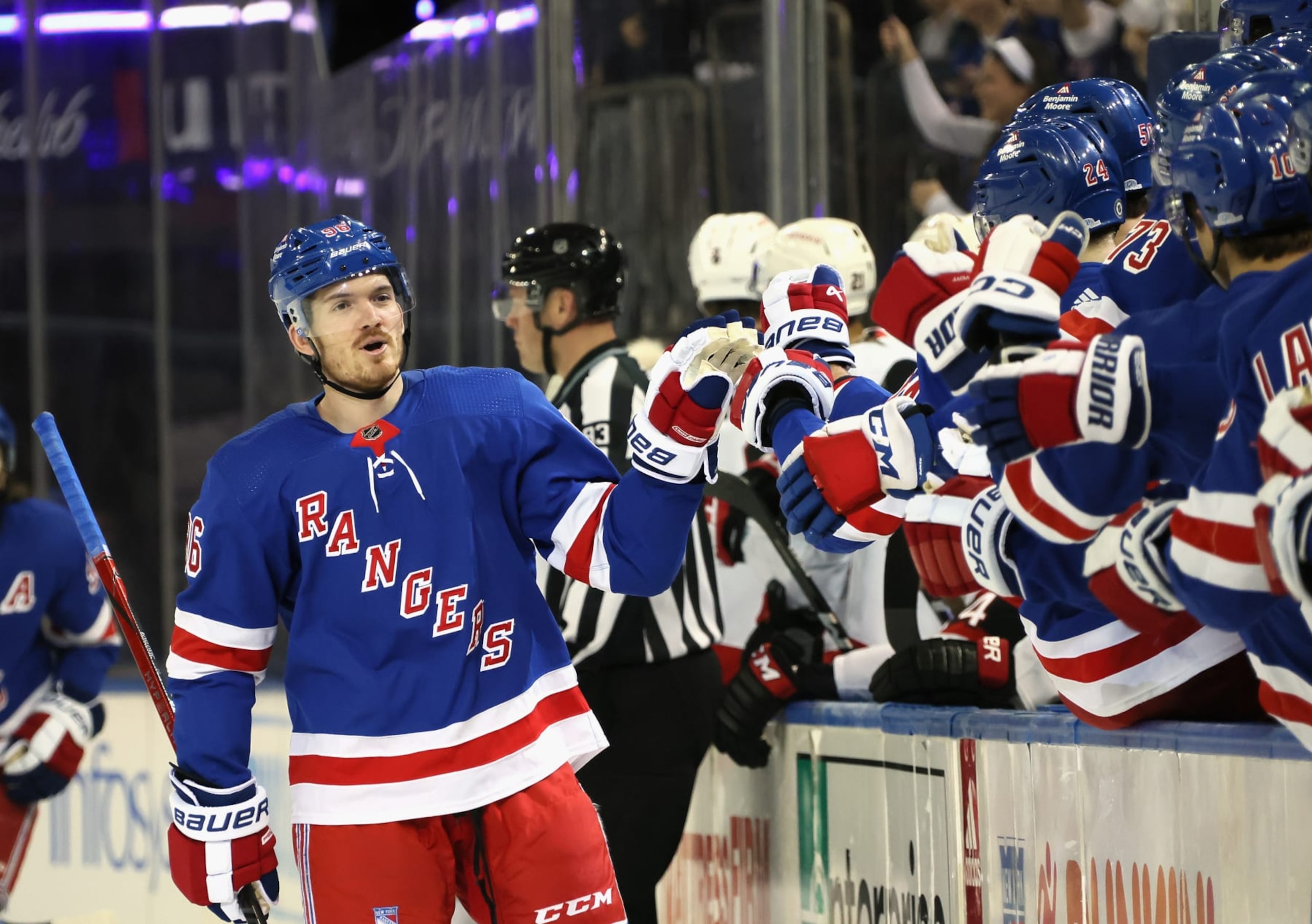 NEW YORK, NEW YORK - APRIL 15: Jack Roslovic #96 of the New York Rangers celebrates his first period goal against the Ottawa Senators  at Madison Square Garden on April 15, 2024 in New York City. (Photo by Bruce Bennett/Getty Images)