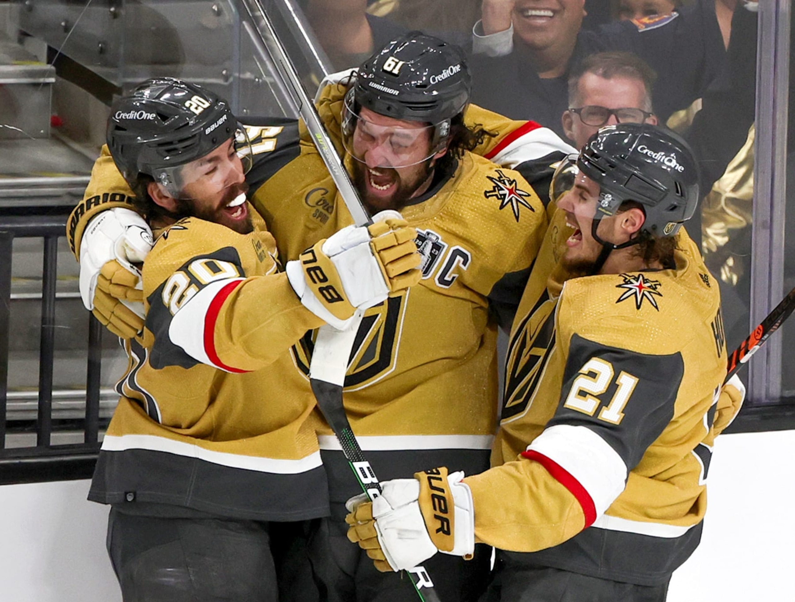 LAS VEGAS, NEVADA - JUNE 13: Chandler Stephenson #20, Mark Stone #61 and Brett Howden #21 of the Vegas Golden Knights celebrate a goal by Stone against the Florida Panthers in the second period of Game Five of the 2023 NHL Stanley Cup Final at T-Mobile Arena on June 13, 2023 in Las Vegas, Nevada. The Golden Knights defeated the Panthers 9-3 to win the series four games to one. (Photo by Ethan Miller/Getty Images)