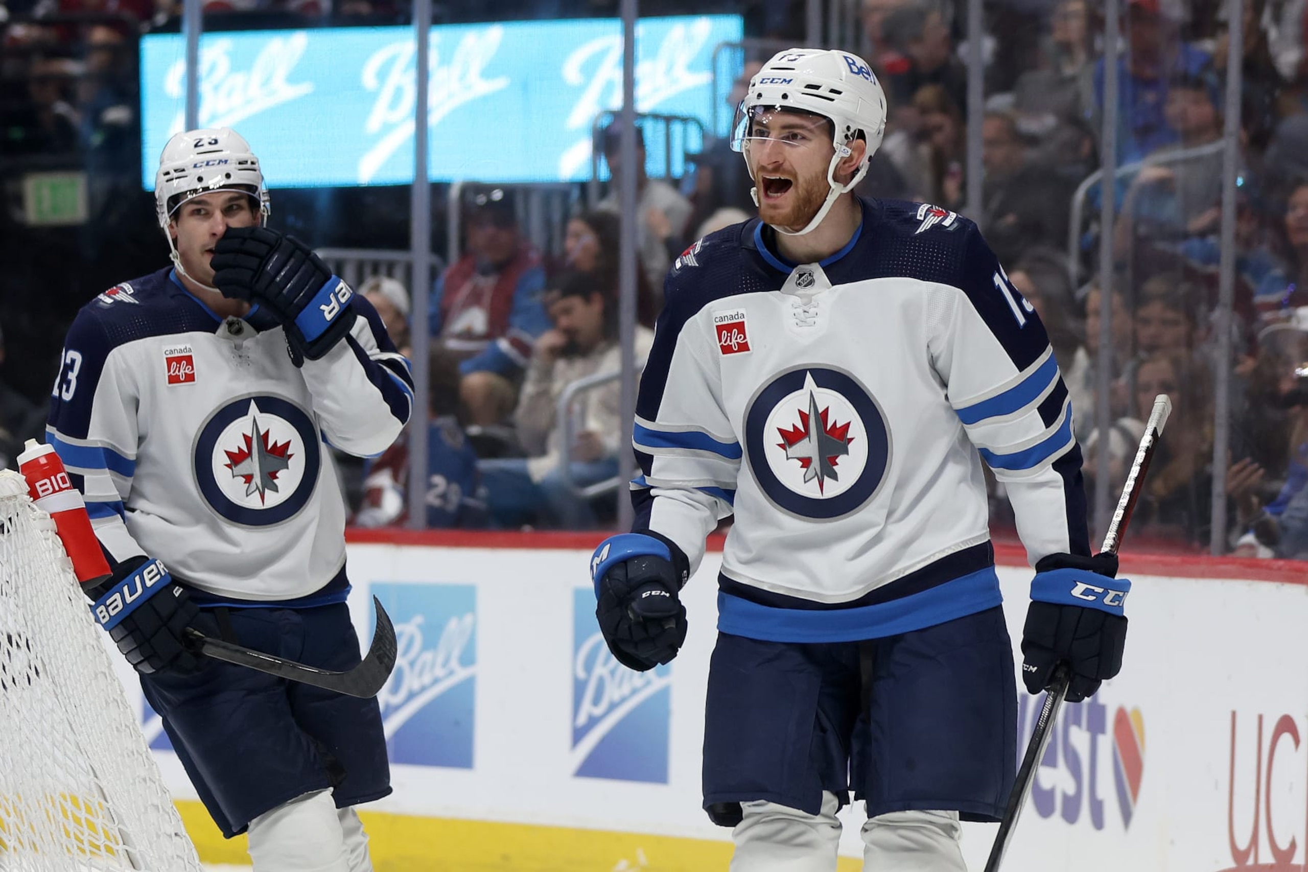 DENVER, COLORADO - APRIL 13: Gabriel Vilardi #13 of the Winnipeg Jets celebrates after scoring against the Colorado Avalanche in the first period at Ball Arena on April 13, 2024 in Denver, Colorado. (Photo by Matthew Stockman/Getty Images)