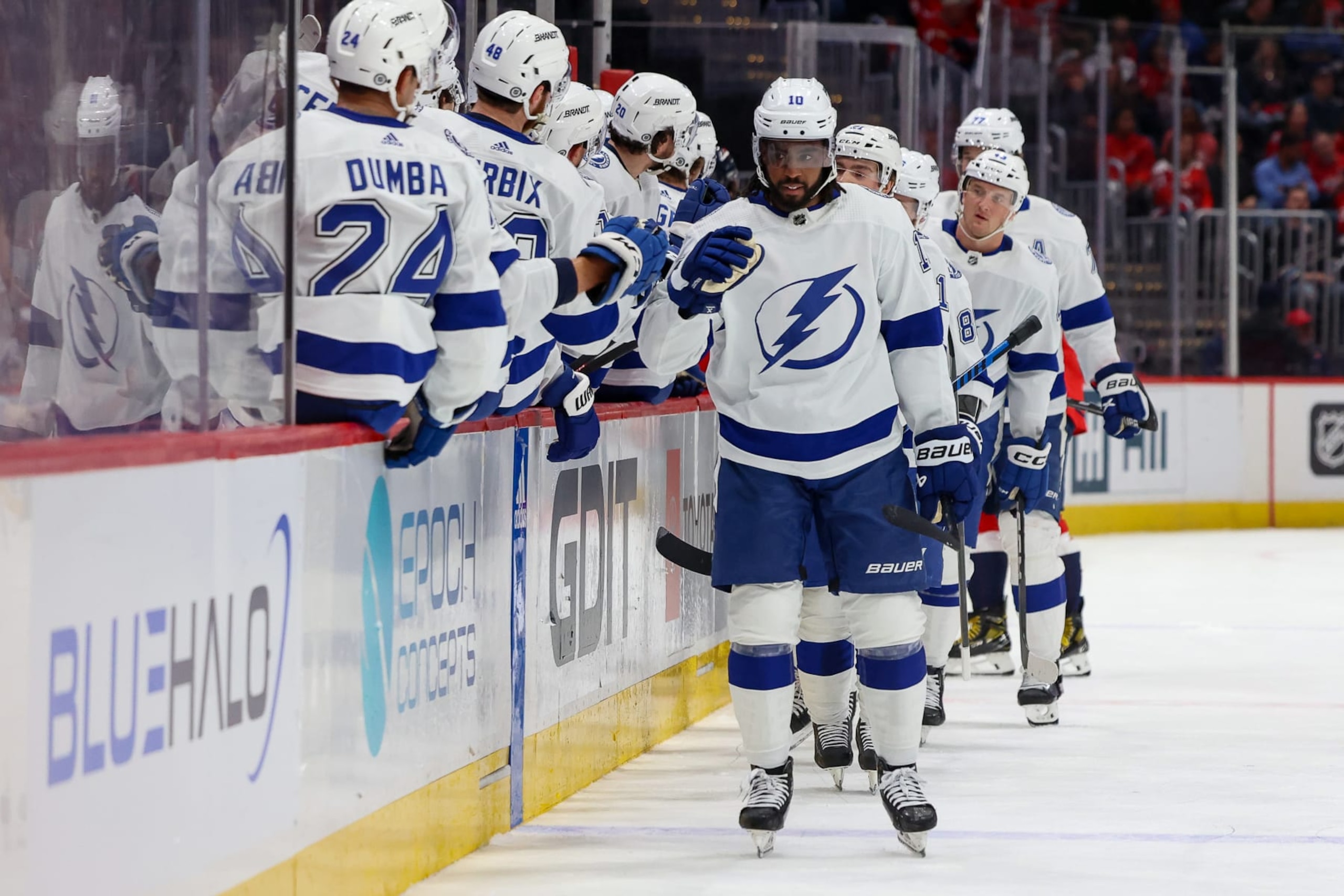WASHINGTON, DC - APRIL 13: Anthony Duclair #10 of the Tampa Bay Lightning celebrates a first period goal against the Washington Capitals during a game at Capital One Arena on April 13, 2024 in Washington, D.C. (Photo by John McCreary/NHLI via Getty Images)