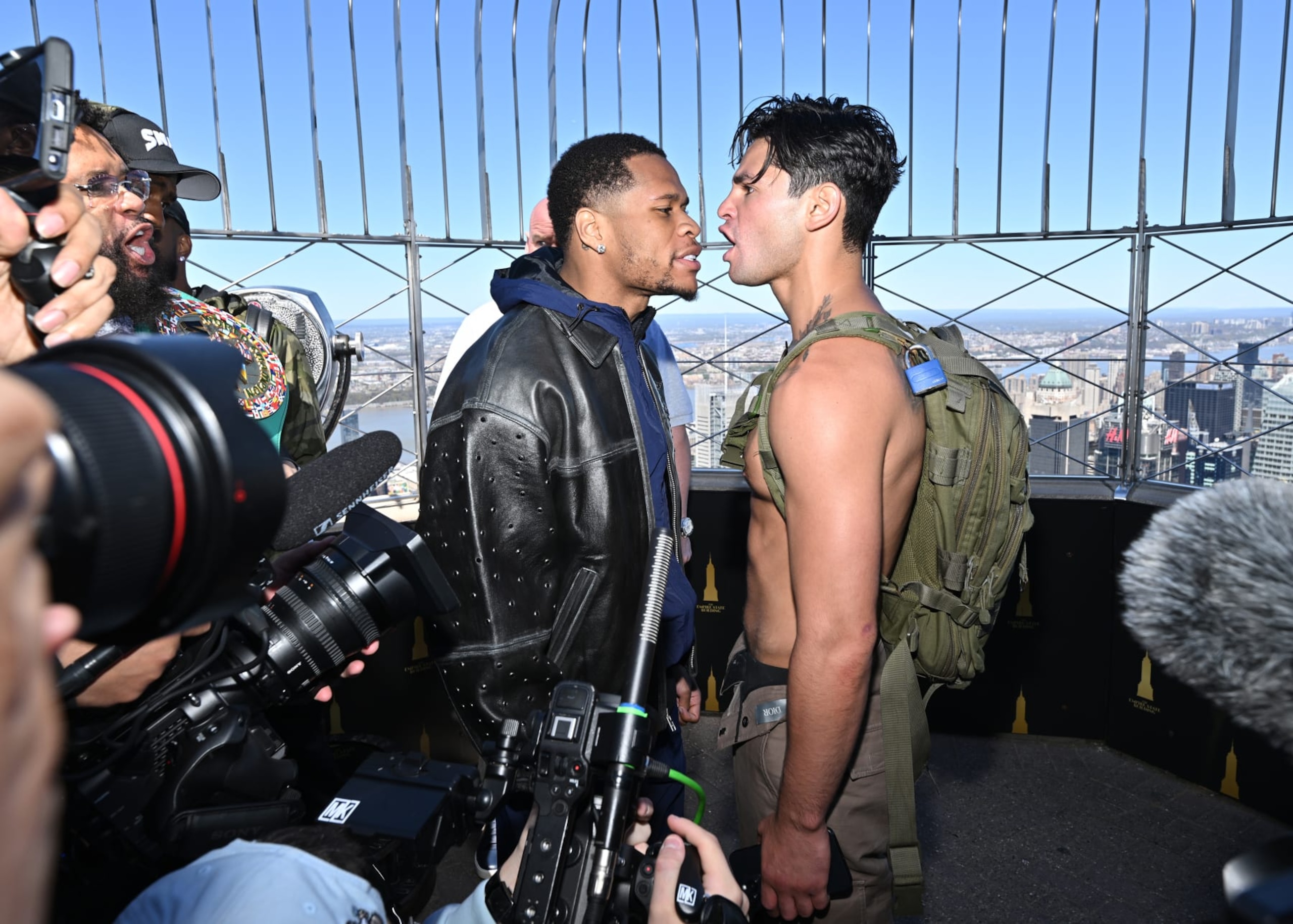 NEW YORK, NEW YORK - APRIL 16: (L-R) Devin Haney and Ryan Garcia face-off at The Empire State Building on April 16, 2024 in New York City. (Photo by Roy Rochlin/Getty Images for Empire State Realty Trust)