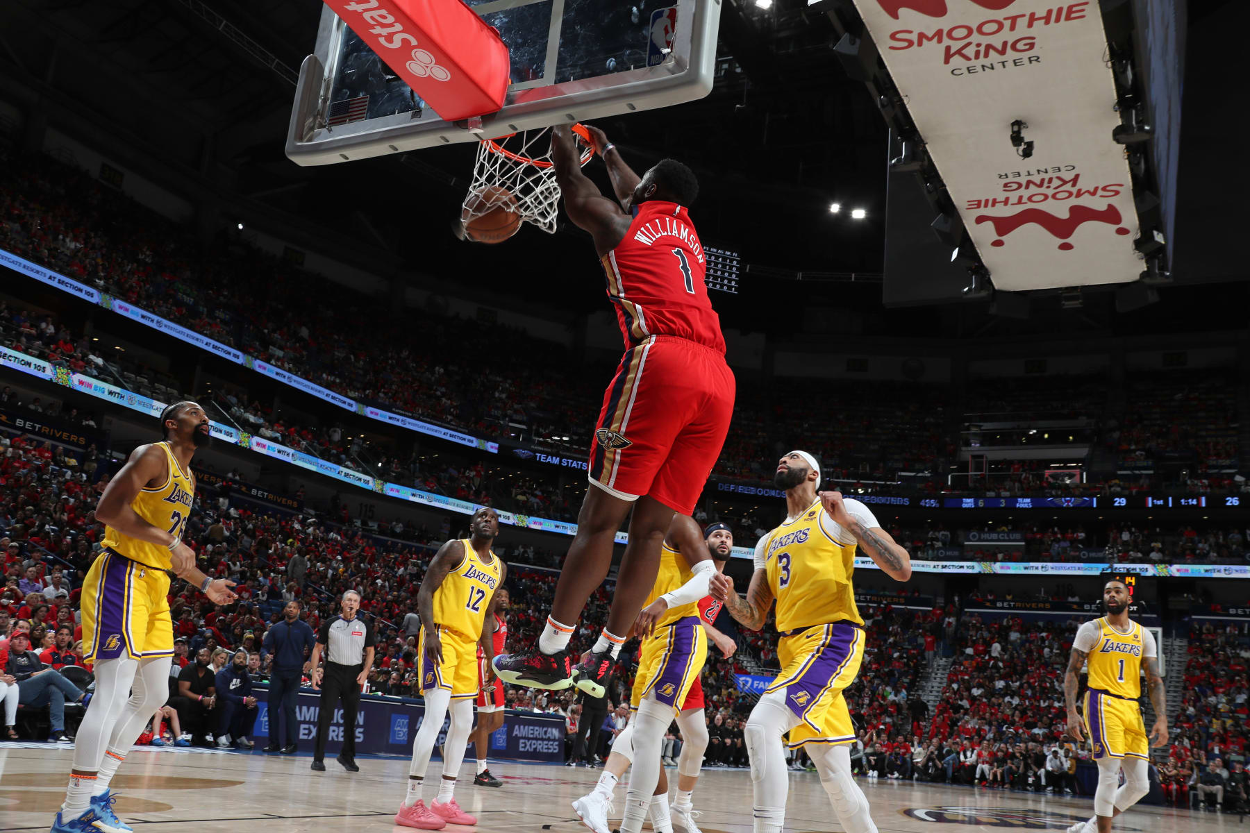 NEW ORLEANS, LA - APRIL 16: Zion Williamson #1 of the New Orleans Pelicans dunks the ball during the game against the Los Angeles Lakers during the 2024 SoFi Play-In Tournament on April 16, 2024 at the Smoothie King Center in New Orleans, Louisiana. NOTE TO USER: User expressly acknowledges and agrees that, by downloading and or using this Photograph, user is consenting to the terms and conditions of the Getty Images License Agreement. Mandatory Copyright Notice: Copyright 2024 NBAE (Photo by Layne Murdoch Jr./NBAE via Getty Images)