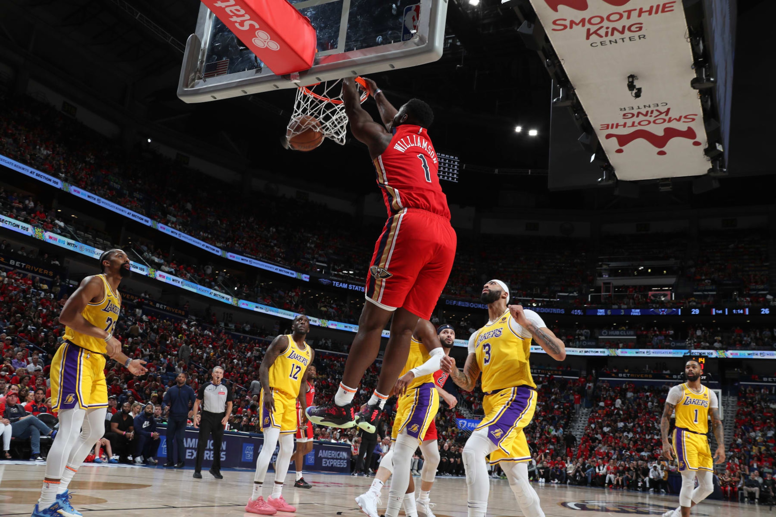 NEW ORLEANS, LA - APRIL 16: Zion Williamson #1 of the New Orleans Pelicans dunks the ball during the game against the Los Angeles Lakers during the 2024 SoFi Play-In Tournament on April 16, 2024 at the Smoothie King Center in New Orleans, Louisiana. NOTE TO USER: User expressly acknowledges and agrees that, by downloading and or using this Photograph, user is consenting to the terms and conditions of the Getty Images License Agreement. Mandatory Copyright Notice: Copyright 2024 NBAE (Photo by Layne Murdoch Jr./NBAE via Getty Images) NEW ORLEANS, LA - APRIL 16: Zion Williamson #1 of the New Orleans Pelicans dunks the ball during the game against the Los Angeles Lakers during the 2024 SoFi Play-In Tournament on April 16, 2024 at the Smoothie King Center in New Orleans, Louisiana. NOTE TO USER: User expressly acknowledges and agrees that, by downloading and or using this Photograph, user is consenting to the terms and conditions of the Getty Images License Agreement. Mandatory Copyright Notice: Copyright 2024 NBAE (Photo by Layne Murdoch Jr./NBAE via Getty Images)