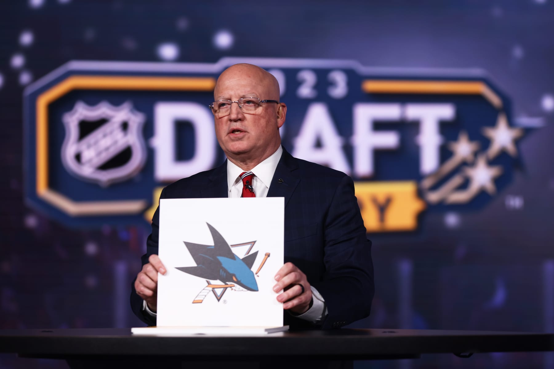 SECAUCUS, NEW JERSEY - MAY 08: National Hockey League Deputy Commissioner Bill Daly announces the San Jose Sharks #4 overall draft position during the 2023 NHL Draft Lottery on May 08, 2023 at NHL Network Studio in Secaucus, New Jersey. (Photo by Mike Stobe/NHLI via Getty Images)