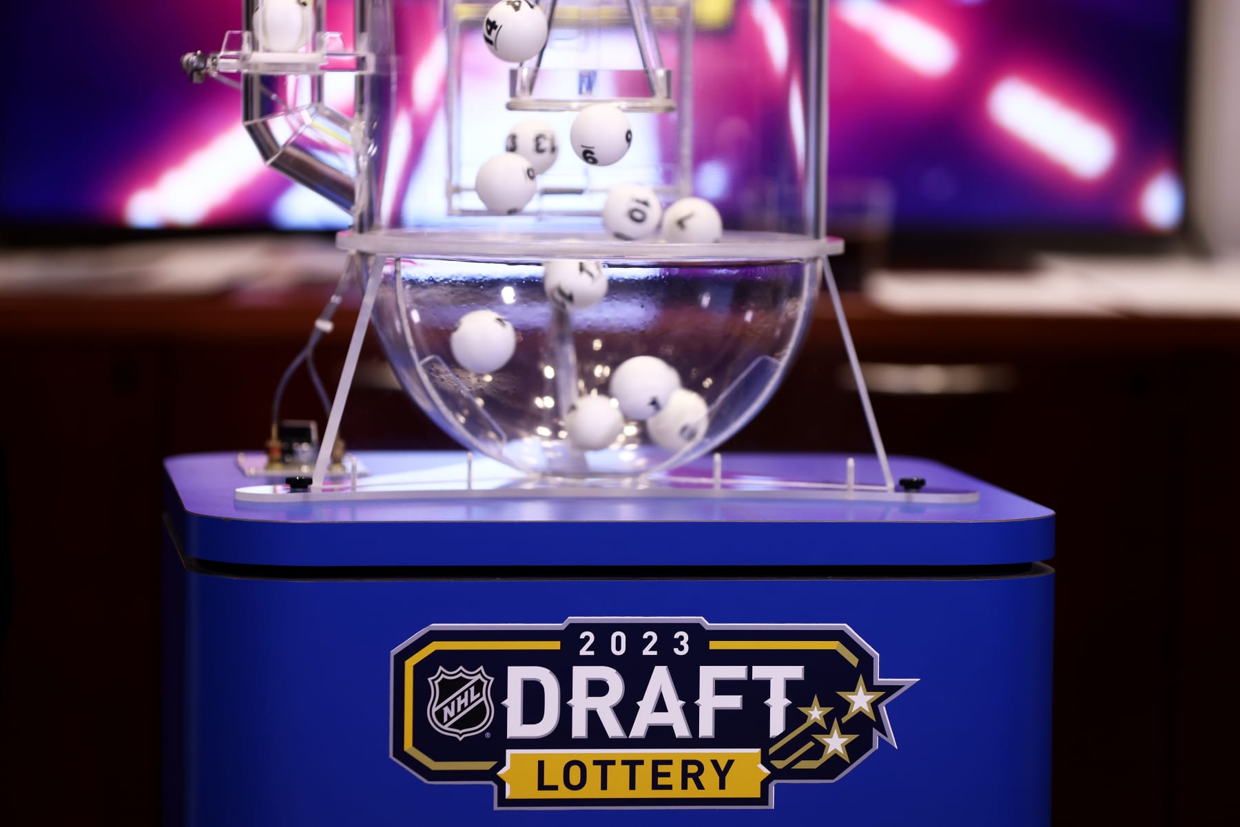 SECAUCUS, NEW JERSEY - MAY 08: The lottery balls take flight during the 2023 NHL Draft Lottery on May 08, 2023 at NHL Network Studio in Secaucus, New Jersey. (Photo by Mike Stobe/NHLI via Getty Images)