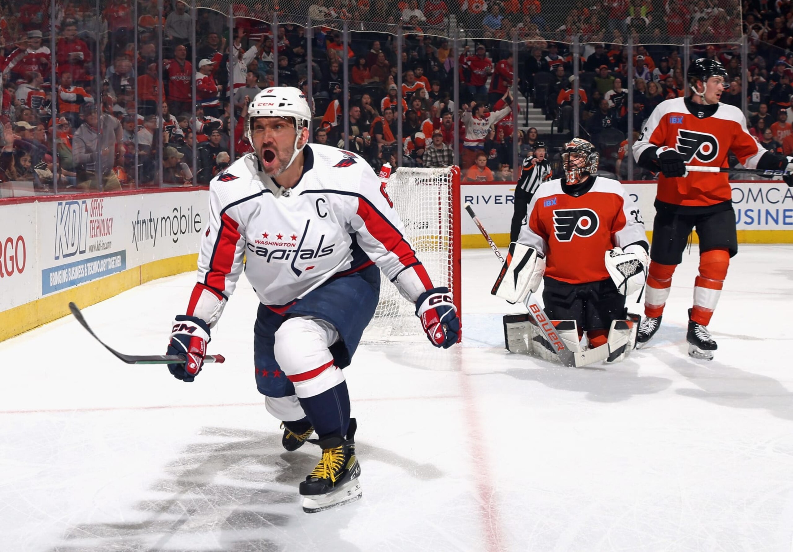 PHILADELPHIA, PENNSYLVANIA - APRIL 16: Alex Ovechkin #8 of the Washington Capitals celebrates his goal against Samuel Ersson #33 of the Philadelphia Flyers at 18:08 of the first period at the Wells Fargo Center on April 16, 2024 in Philadelphia, Pennsylvania. (Photo by Bruce Bennett/Getty Images)