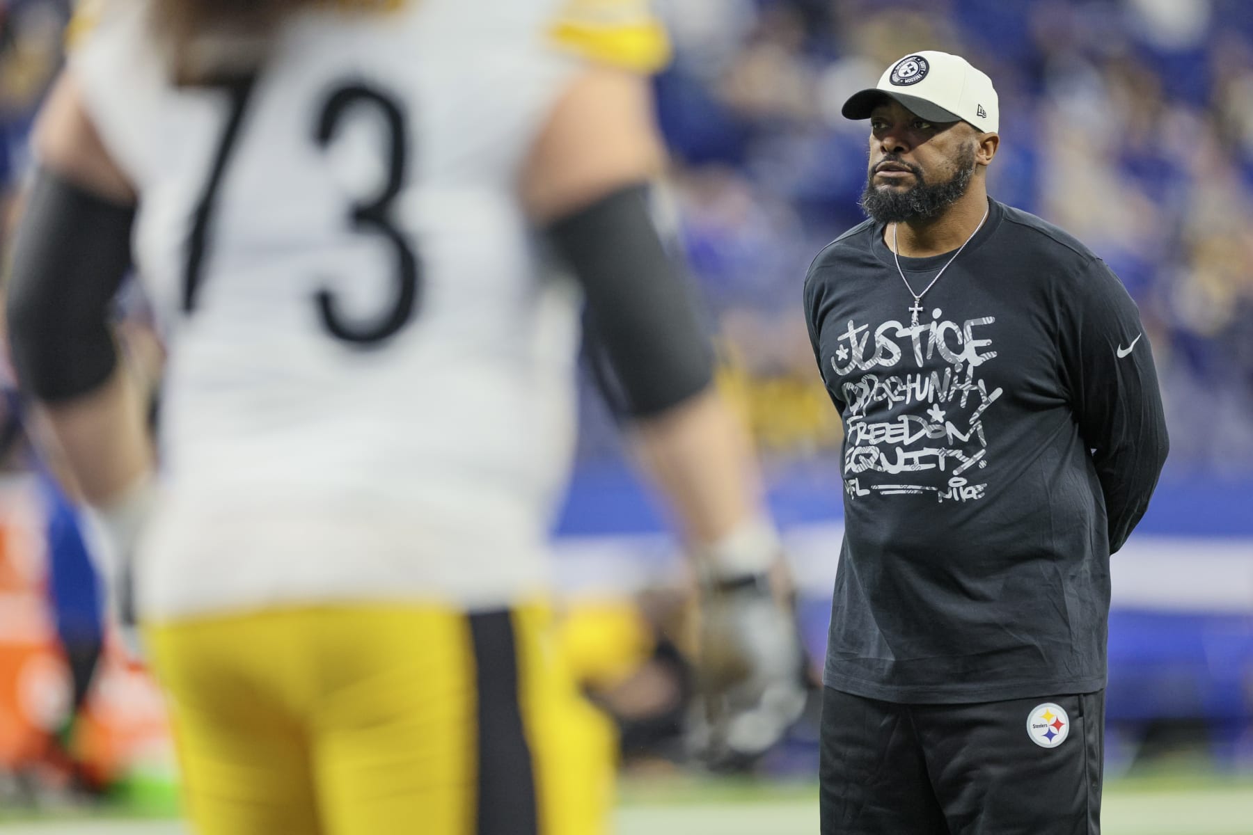 INDIANAPOLIS, INDIANA - DECEMBER 16: Head coach Mike Tomlin of the Pittsburgh Steelers looks on prior to a game against the Indianapolis Colts at Lucas Oil Stadium on December 16, 2023 in Indianapolis, Indiana. (Photo by Andy Lyons/Getty Images)