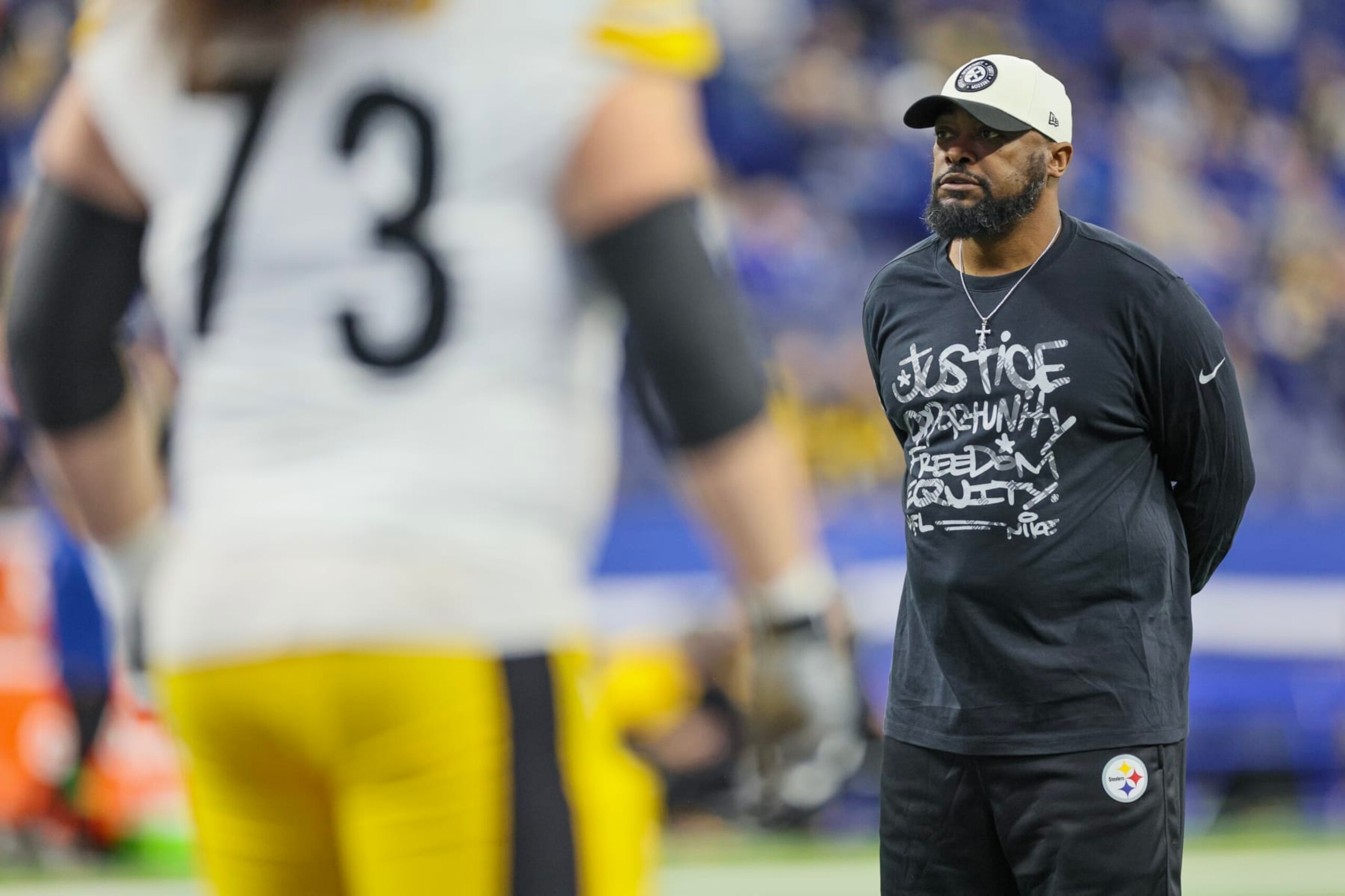 INDIANAPOLIS, INDIANA - DECEMBER 16: Head coach Mike Tomlin of the Pittsburgh Steelers looks on prior to a game against the Indianapolis Colts at Lucas Oil Stadium on December 16, 2023 in Indianapolis, Indiana. (Photo by Andy Lyons/Getty Images) INDIANAPOLIS, INDIANA - DECEMBER 16: Head coach Mike Tomlin of the Pittsburgh Steelers looks on prior to a game against the Indianapolis Colts at Lucas Oil Stadium on December 16, 2023 in Indianapolis, Indiana. (Photo by Andy Lyons/Getty Images)