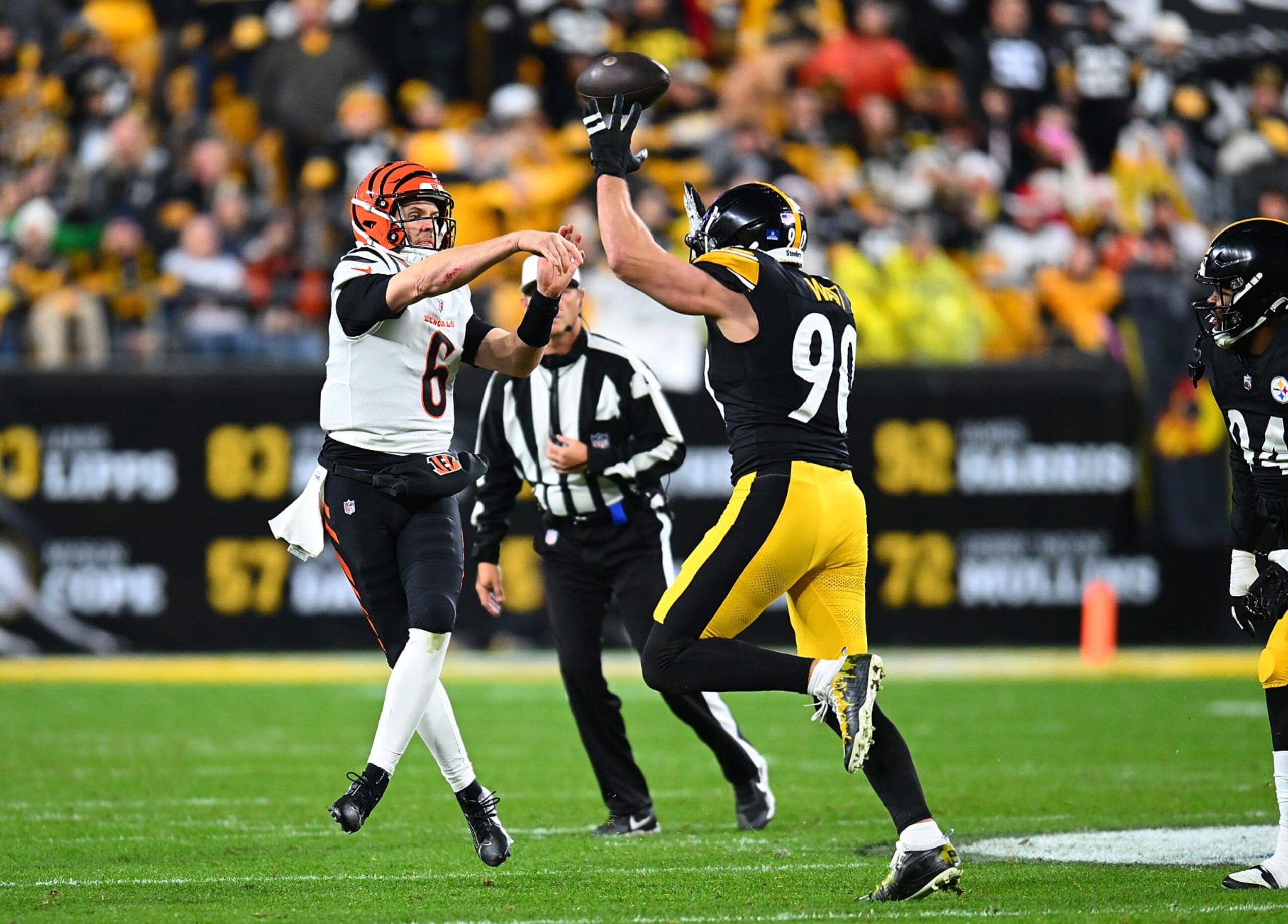 PITTSBURGH, PENNSYLVANIA - DECEMBER 23: Jake Browning #6 of the Cincinnati Bengals throws a pass in front of T.J. Watt #90 of the Pittsburgh Steelers at Acrisure Stadium on December 23, 2023 in Pittsburgh, Pennsylvania. (Photo by Joe Sargent/Getty Images) PITTSBURGH, PENNSYLVANIA - DECEMBER 23: Jake Browning #6 of the Cincinnati Bengals throws a pass in front of T.J. Watt #90 of the Pittsburgh Steelers at Acrisure Stadium on December 23, 2023 in Pittsburgh, Pennsylvania. (Photo by Joe Sargent/Getty Images)