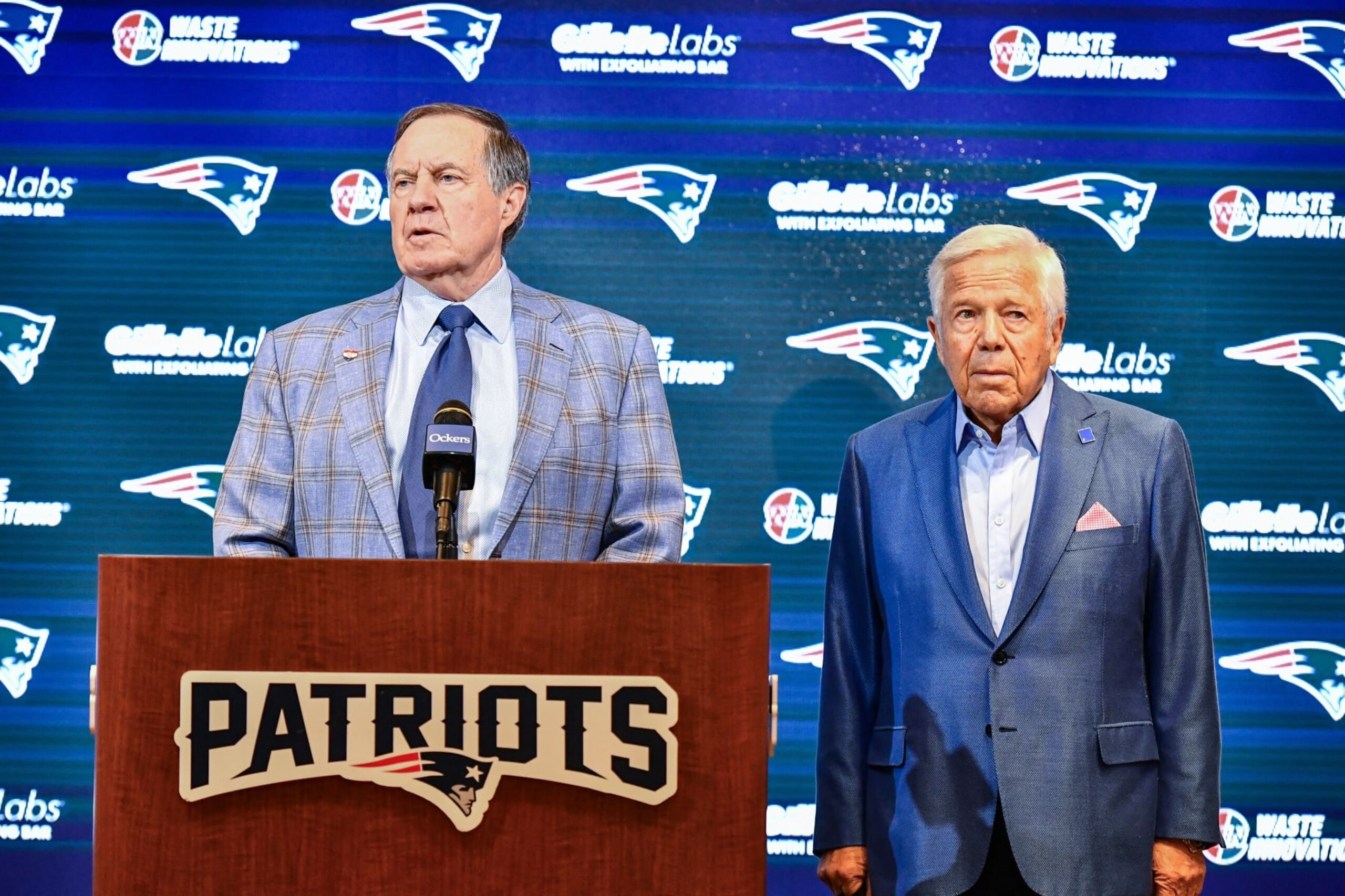 New England Patriots head coach Bill Belichick, with Patriots owner Robert Kraft, announces he is leaving the team during a press conference at Gillette Stadium in Foxborough, Massachusetts, on January 11, 2024. Belichick, the NFL mastermind who has guided the New England Patriots to a record six Super Bowl titles as head coach, is parting ways with the team after 24 seasons. (Photo by Joseph Prezioso / AFP) (Photo by JOSEPH PREZIOSO/AFP via Getty Images) New England Patriots head coach Bill Belichick, with Patriots owner Robert Kraft, announces he is leaving the team during a press conference at Gillette Stadium in Foxborough, Massachusetts, on January 11, 2024. Belichick, the NFL mastermind who has guided the New England Patriots to a record six Super Bowl titles as head coach, is parting ways with the team after 24 seasons. (Photo by Joseph Prezioso / AFP) (Photo by JOSEPH PREZIOSO/AFP via Getty Images)