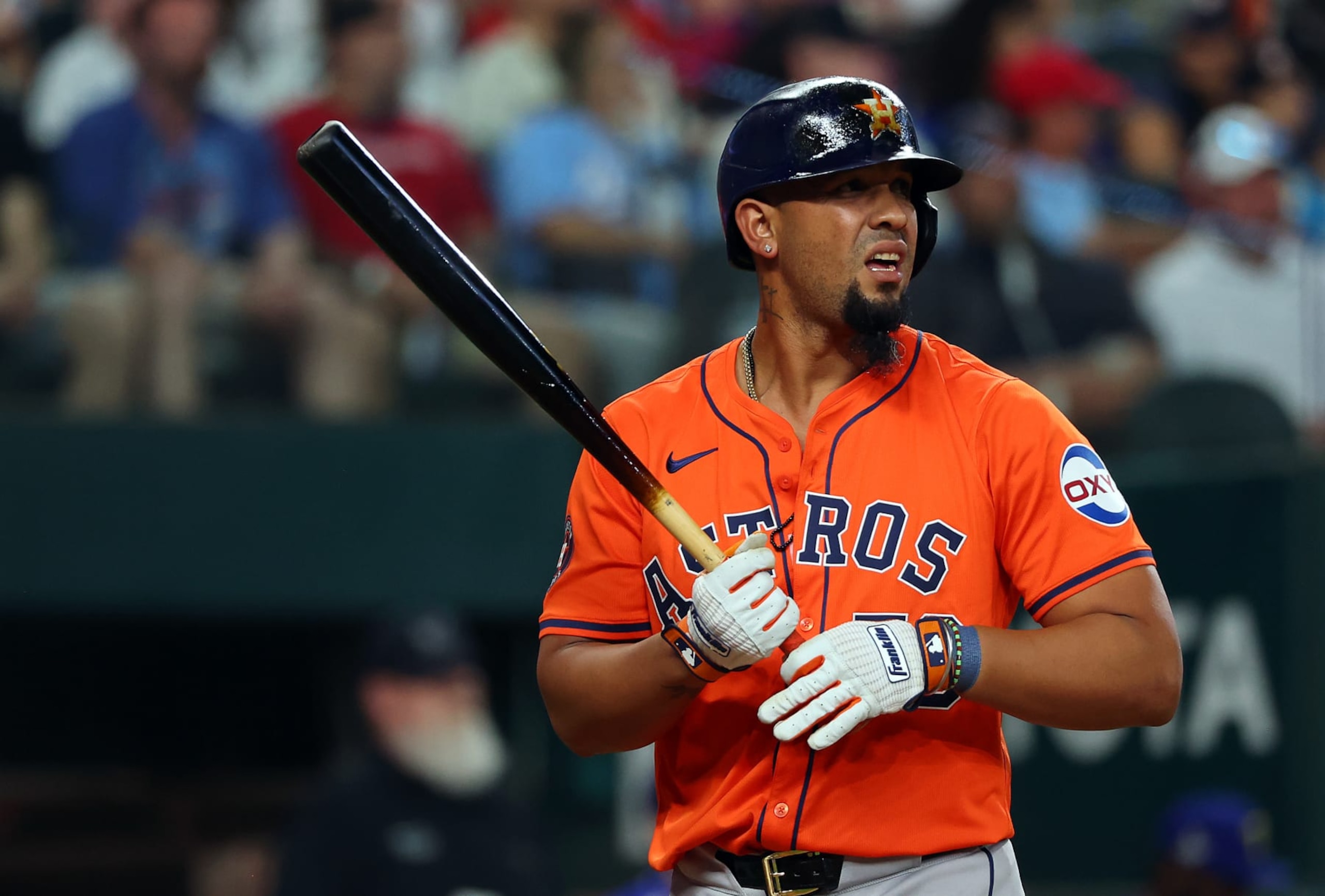 ARLINGTON, TEXAS - APRIL 08: José Abreu #79 of the Houston Astros bats against the Texas Rangers at Globe Life Field on April 08, 2024 in Arlington, Texas. (Photo by Richard Rodriguez/Getty Images)