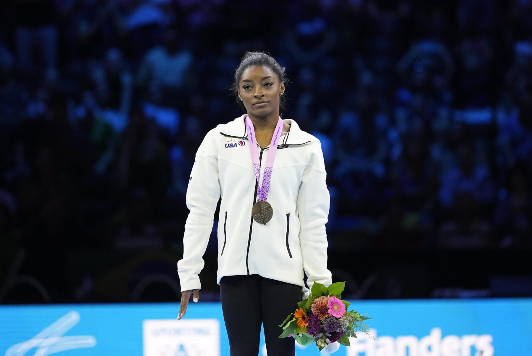 Simone Biles (USA) wins gold during the 2023 FIG Artistic Gymnastics World Championships at Antwerp Sportpaleis on October 8, 2023 in Antwerp, Belgium. (Photo by Ulrik Pedersen/DeFodi Images via Getty Images)