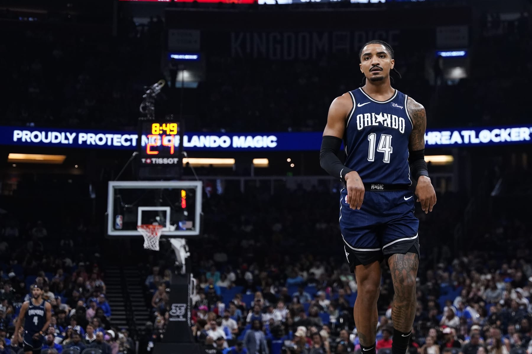 ORLANDO, FLORIDA - APRIL 07: Gary Harris #14 of the Orlando Magic looks on against the Chicago Bulls during the first quarter at Kia Center on April 07, 2024 in Orlando, Florida. NOTE TO USER: User expressly acknowledges and agrees that, by downloading and or using this photograph, User is consenting to the terms and conditions of the Getty Images License Agreement. (Photo by Rich Storry/Getty Images)