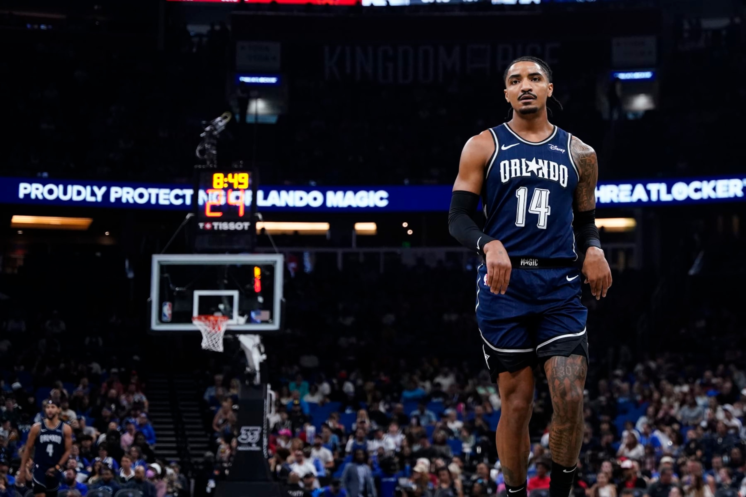 ORLANDO, FLORIDA - APRIL 07: Gary Harris #14 of the Orlando Magic looks on against the Chicago Bulls during the first quarter at Kia Center on April 07, 2024 in Orlando, Florida. NOTE TO USER: User expressly acknowledges and agrees that, by downloading and or using this photograph, User is consenting to the terms and conditions of the Getty Images License Agreement. (Photo by Rich Storry/Getty Images)