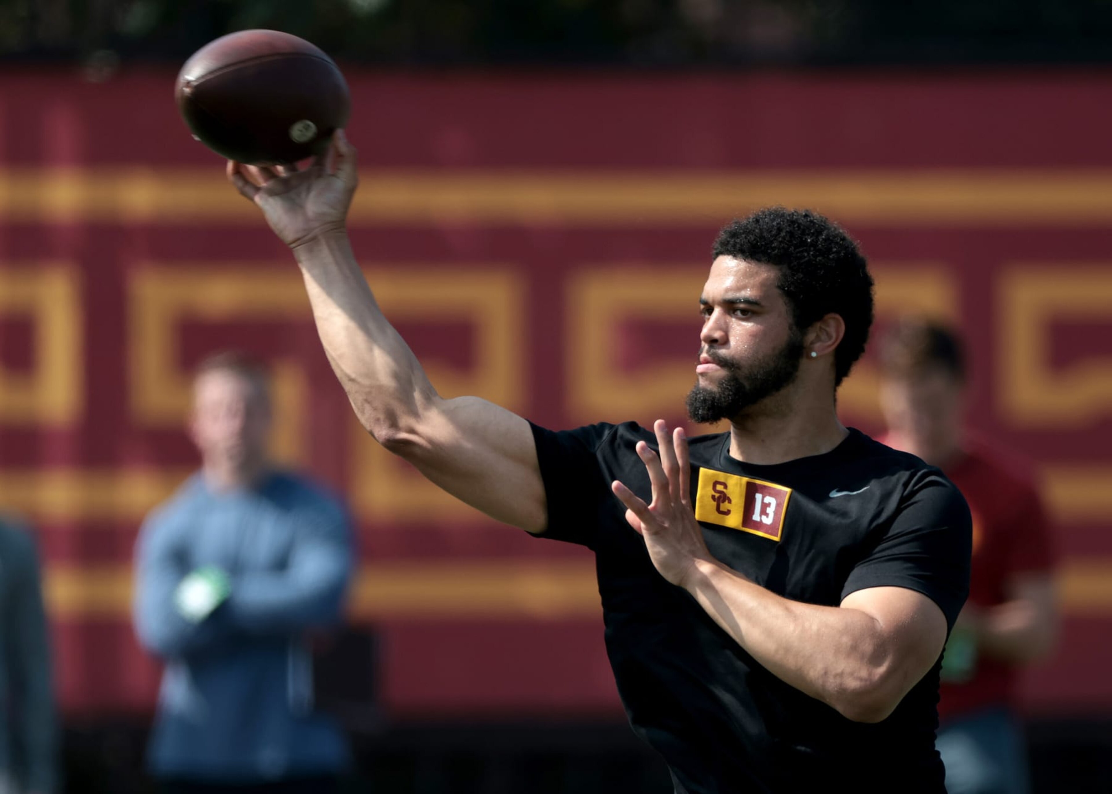 Los Angeles, California March 20, 2024- USA quarterback Caleb Williams during USC Pro Day in Los Angeles Wednesday. (Wally Skalij/Los Angeles Times via Getty Images) Los Angeles, California March 20, 2024- USA quarterback Caleb Williams during USC Pro Day in Los Angeles Wednesday. (Wally Skalij/Los Angeles Times via Getty Images)