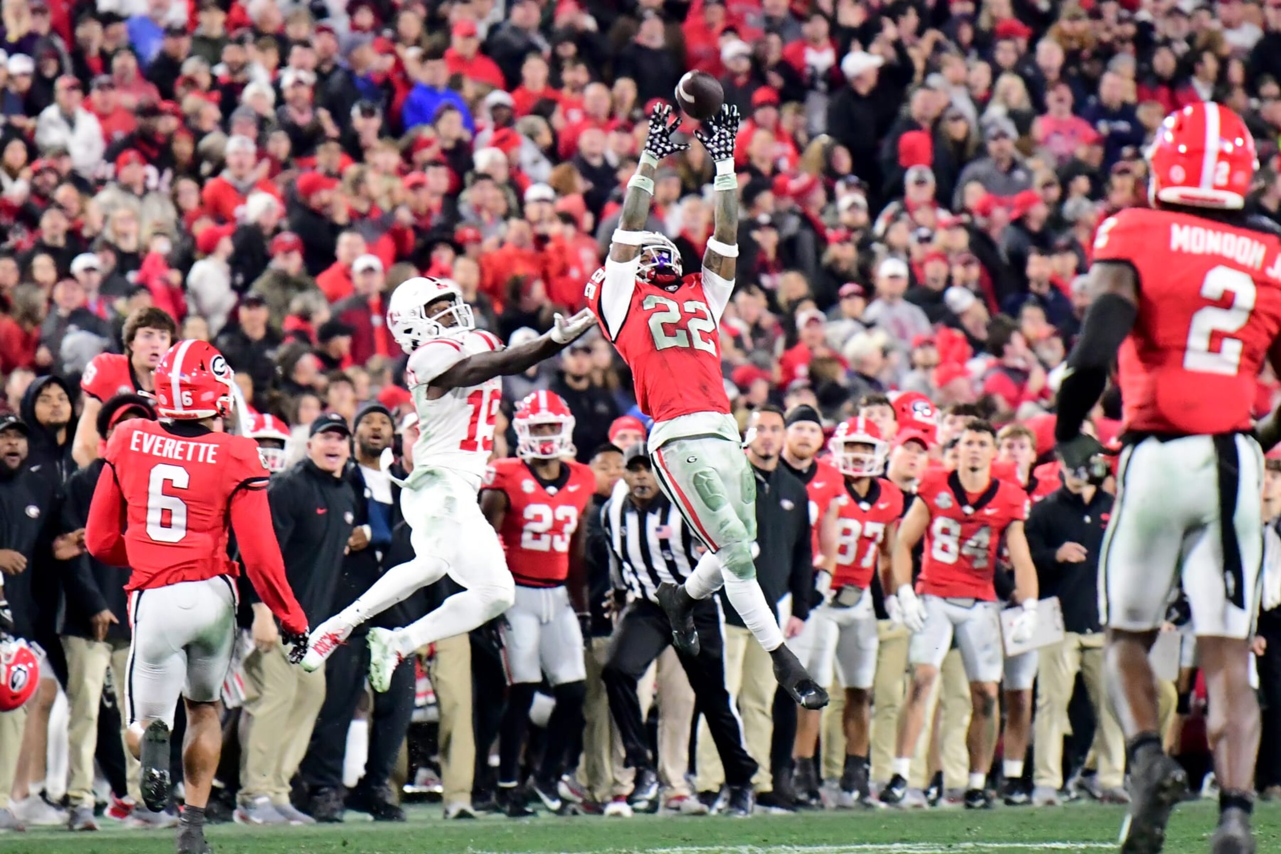 ATHENS, GA - NOVEMBER 11: Javon Bullard #22 intercepts a pass during a game between University of Mississippi and University of Georgia at Sanford Stadium on November 11, 2023 in Athens, Georgia. (Photo by Perry McIntyre/ISI Photos/Getty Images)