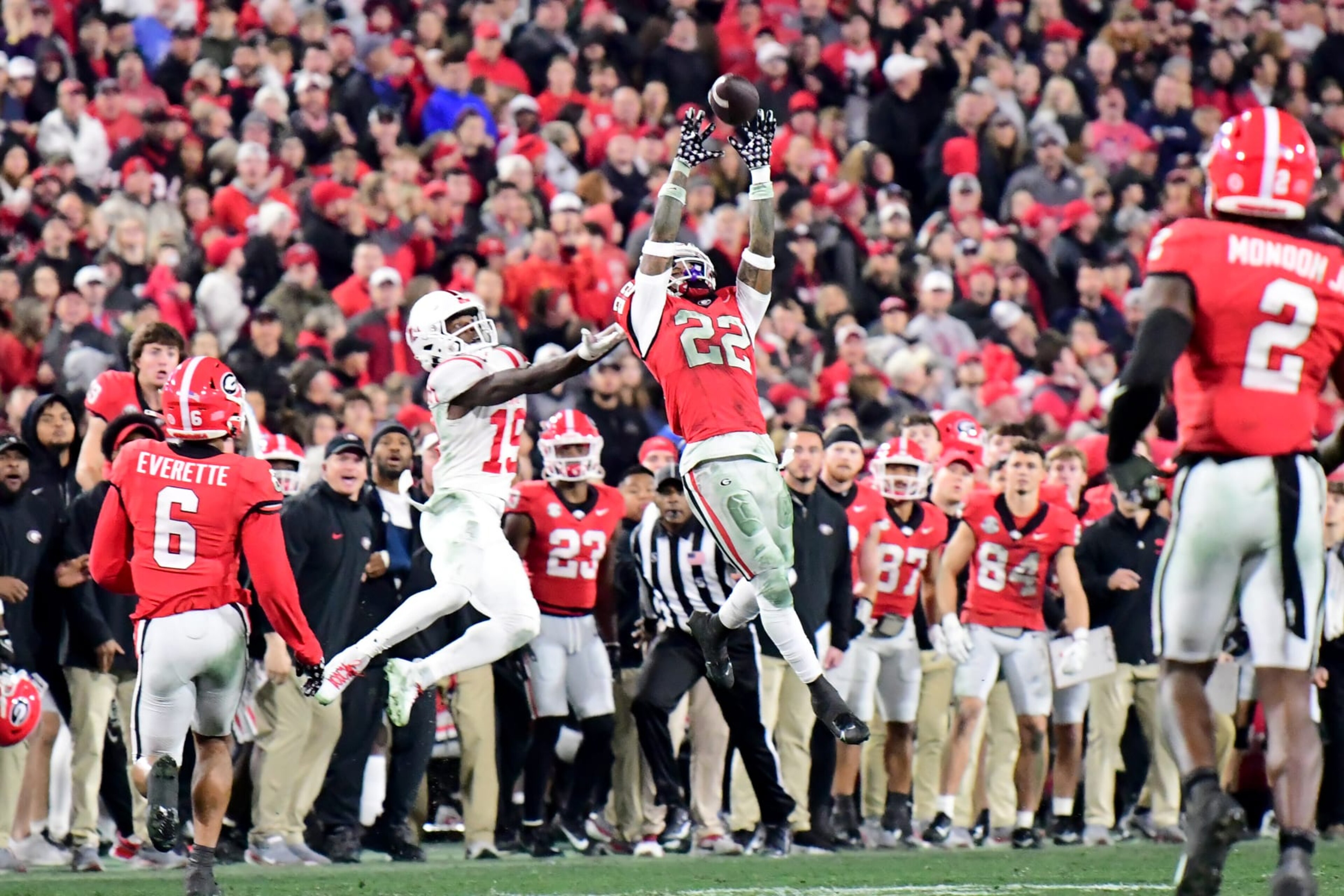 ATHENS, GA - NOVEMBER 11: Javon Bullard #22 intercepts a pass during a game between University of Mississippi and University of Georgia at Sanford Stadium on November 11, 2023 in Athens, Georgia. (Photo by Perry McIntyre/ISI Photos/Getty Images)