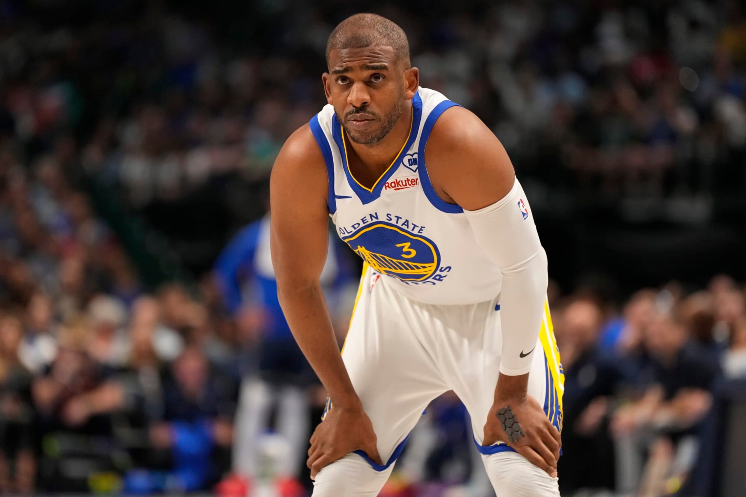 DALLAS, TEXAS - APRIL 05: Chris Paul #3 of the Golden State Warriors looks on during the first half against the Dallas Mavericks at American Airlines Center on April 05, 2024 in Dallas, Texas. NOTE TO USER: User expressly acknowledges and agrees that, by downloading and or using this photograph, User is consenting to the terms and conditions of the Getty Images License Agreement. (Photo by Sam Hodde/Getty Images) DALLAS, TEXAS - APRIL 05: Chris Paul #3 of the Golden State Warriors looks on during the first half against the Dallas Mavericks at American Airlines Center on April 05, 2024 in Dallas, Texas. NOTE TO USER: User expressly acknowledges and agrees that, by downloading and or using this photograph, User is consenting to the terms and conditions of the Getty Images License Agreement. (Photo by Sam Hodde/Getty Images)
