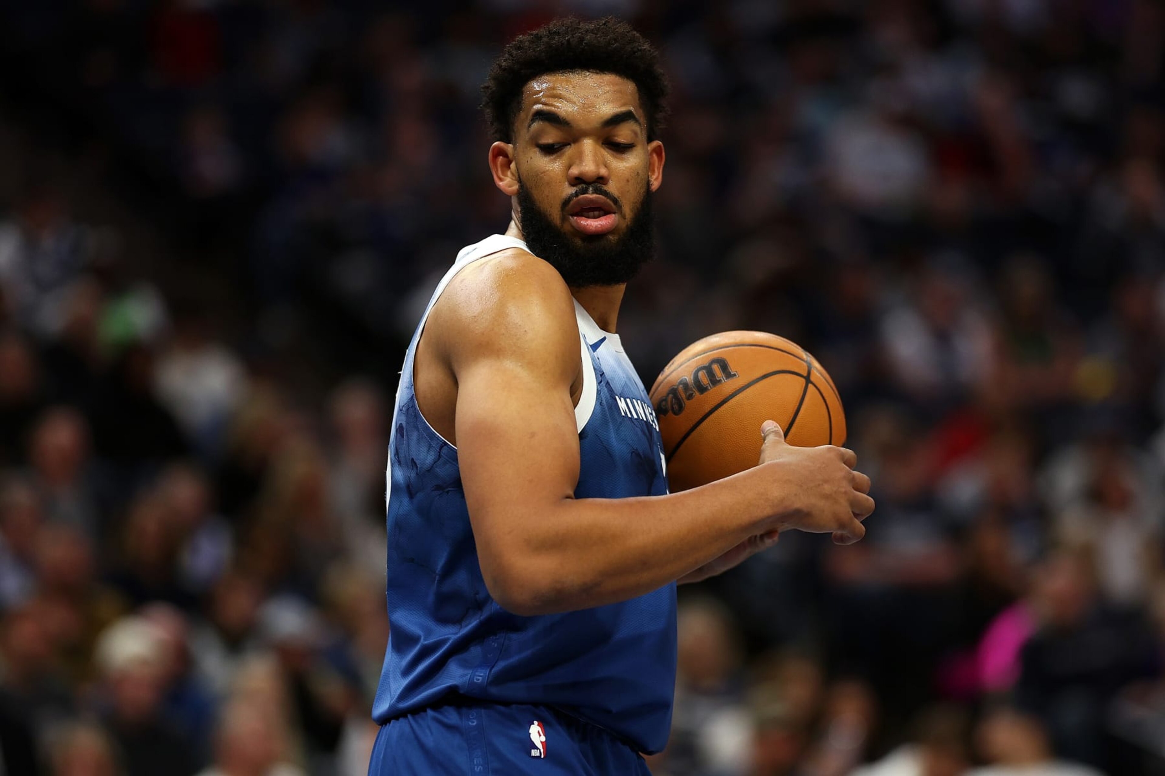 MINNEAPOLIS, MINNESOTA - APRIL 12: Karl-Anthony Towns #32 of the Minnesota Timberwolves looks on against the Atlanta Hawks in the first quarter at Target Center on April 12, 2024 in Minneapolis, Minnesota. NOTE TO USER: User expressly acknowledges and agrees that, by downloading and or using this photograph, User is consenting to the terms and conditions of the Getty Images License Agreement. (Photo by David Berding/Getty Images) MINNEAPOLIS, MINNESOTA - APRIL 12: Karl-Anthony Towns #32 of the Minnesota Timberwolves looks on against the Atlanta Hawks in the first quarter at Target Center on April 12, 2024 in Minneapolis, Minnesota. NOTE TO USER: User expressly acknowledges and agrees that, by downloading and or using this photograph, User is consenting to the terms and conditions of the Getty Images License Agreement. (Photo by David Berding/Getty Images)