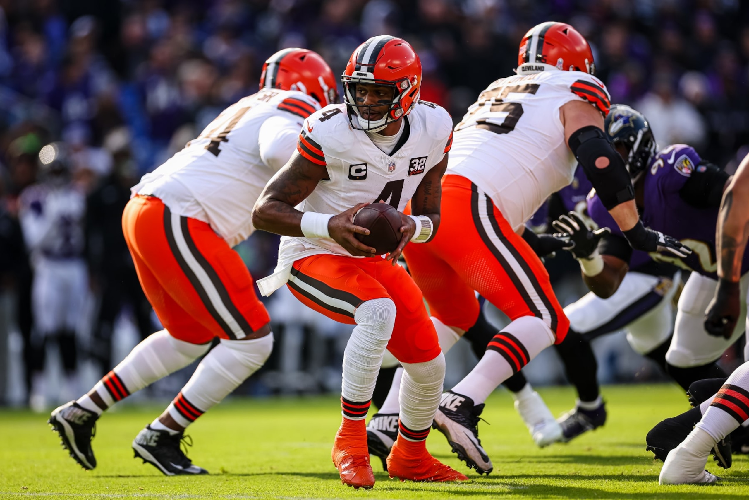 BALTIMORE, MD - NOVEMBER 12: Deshaun Watson #4 of the Cleveland Browns in action against the Baltimore Ravens during the first half at M&T Bank Stadium on November 12, 2023 in Baltimore, Maryland. (Photo by Scott Taetsch/Getty Images)