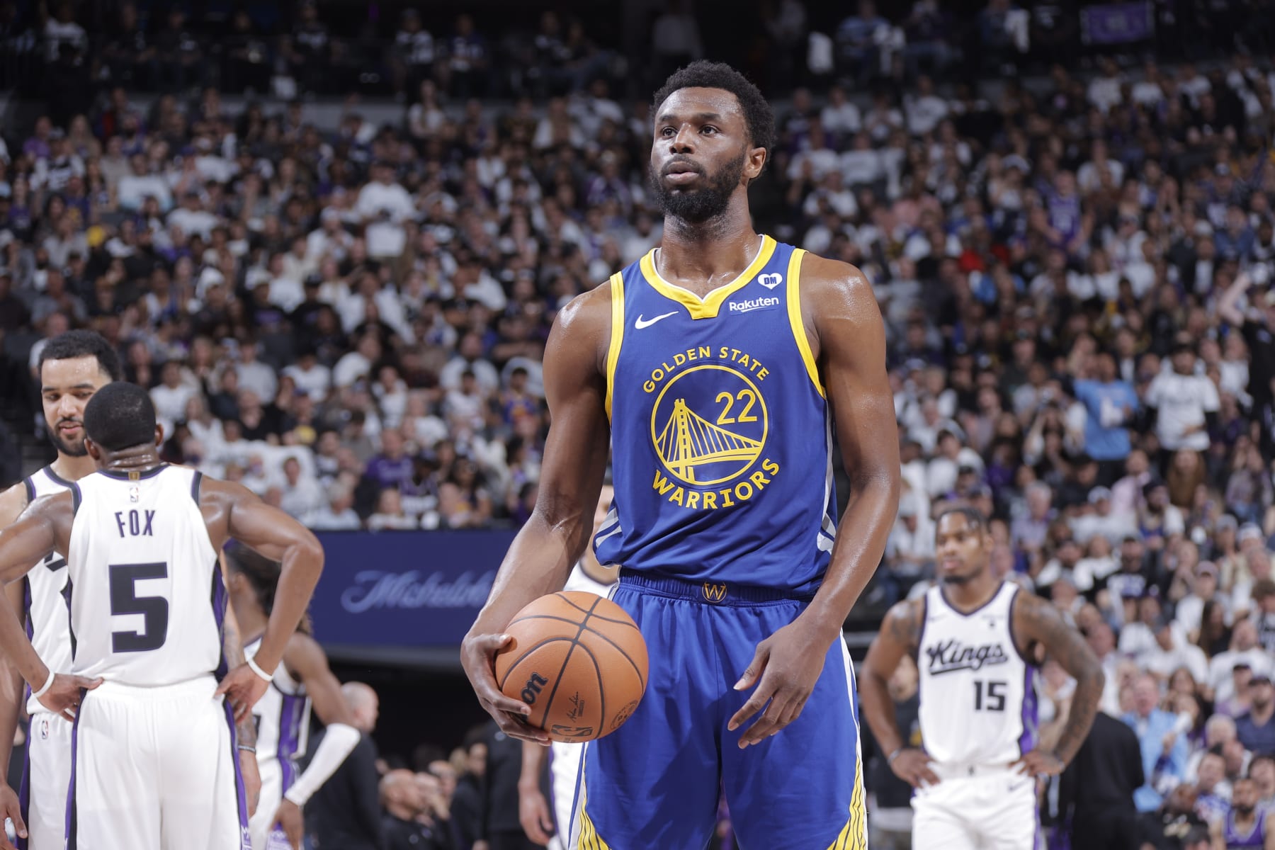 SACRAMENTO, CA - APRIL 16:Andrew Wiggins #22 of the Golden State Warriors prepares to shoot a free throw during the game against the Sacramento Kings  during the 2024 Play-In Tournament on April 16, 2024 at Golden 1 Center in Sacramento, California. NOTE TO USER: User expressly acknowledges and agrees that, by downloading and or using this Photograph, user is consenting to the terms and conditions of the Getty Images License Agreement. Mandatory Copyright Notice: Copyright 2024 NBAE (Photo by Rocky Widner/NBAE via Getty Images)