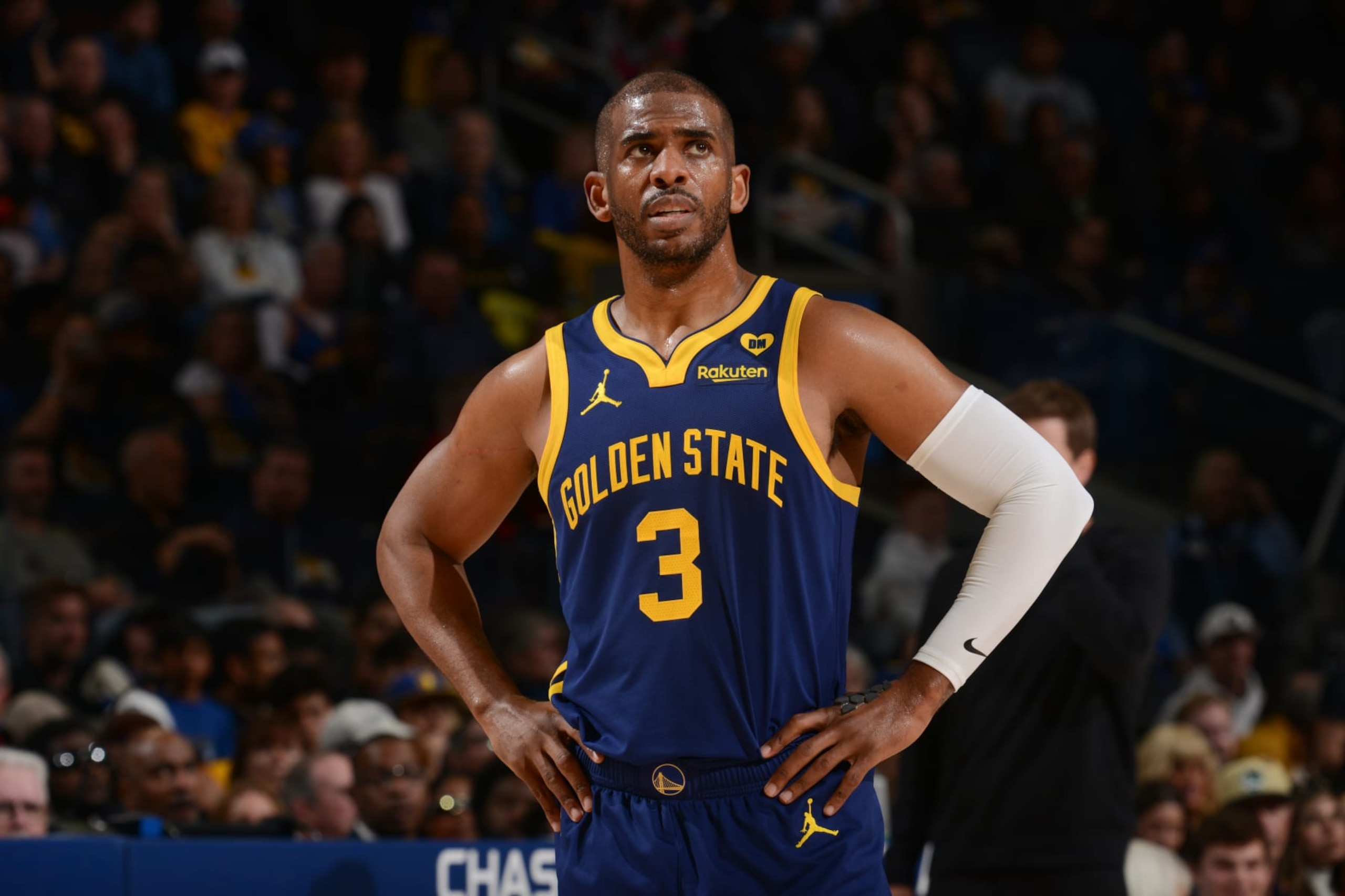 SAN FRANCISCO, CA - APRIL 7:  Chris Paul #3 of the Golden State Warriors looks on during the game on April 7, 2024 at Chase Center in San Francisco, California. NOTE TO USER: User expressly acknowledges and agrees that, by downloading and or using this photograph, user is consenting to the terms and conditions of Getty Images License Agreement. Mandatory Copyright Notice: Copyright 2024 NBAE (Photo by Noah Graham/NBAE via Getty Images)