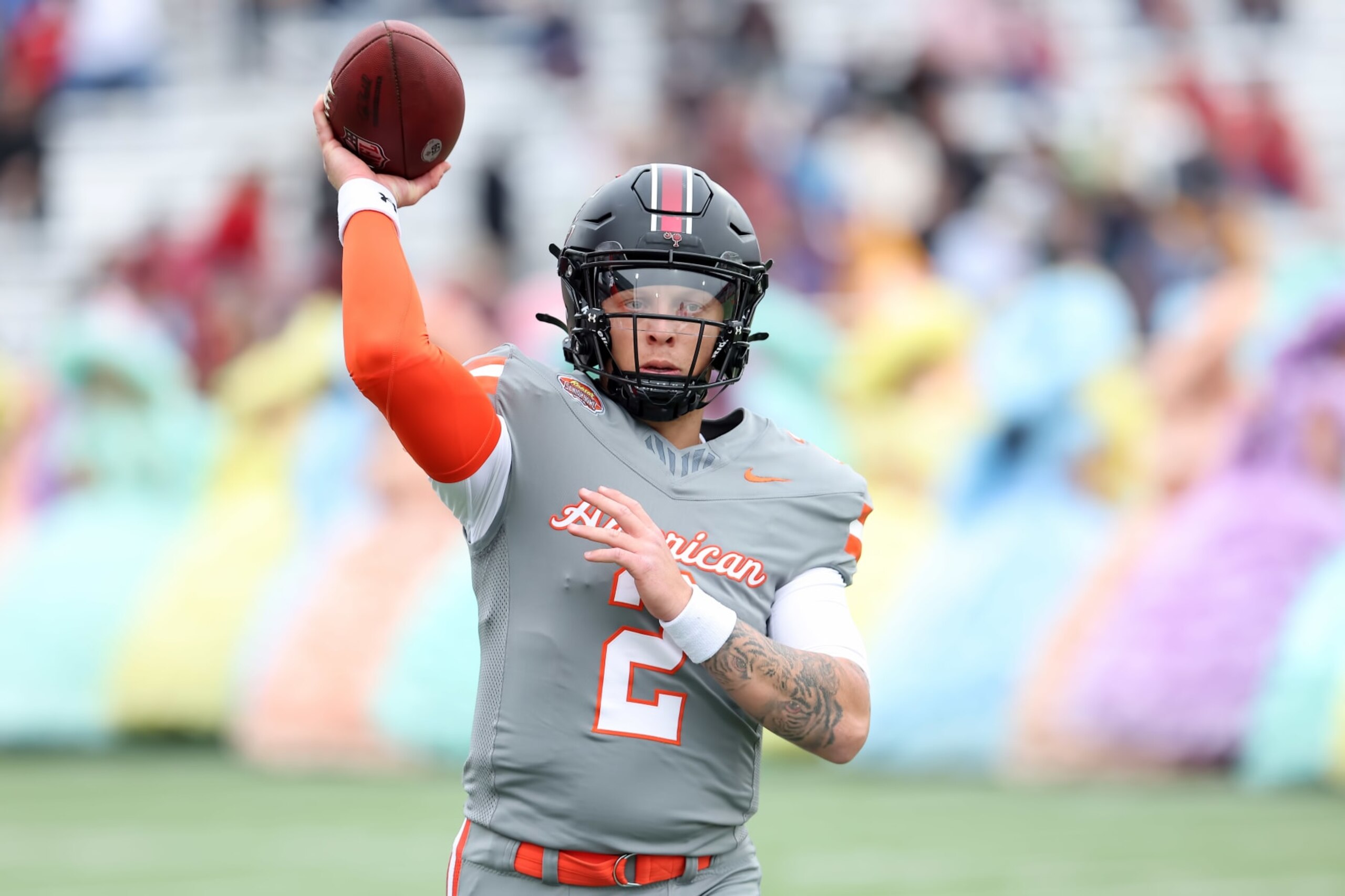 MOBILE, AL - FEBRUARY 03: American quarterback Spencer Rattler of South Carolina (2) warms up for the 2024 Reese's Senior Bowl on February 3, 2024 at Hancock Whitney Stadium in Mobile, Alabama.  (Photo by Michael Wade/Icon Sportswire via Getty Images)