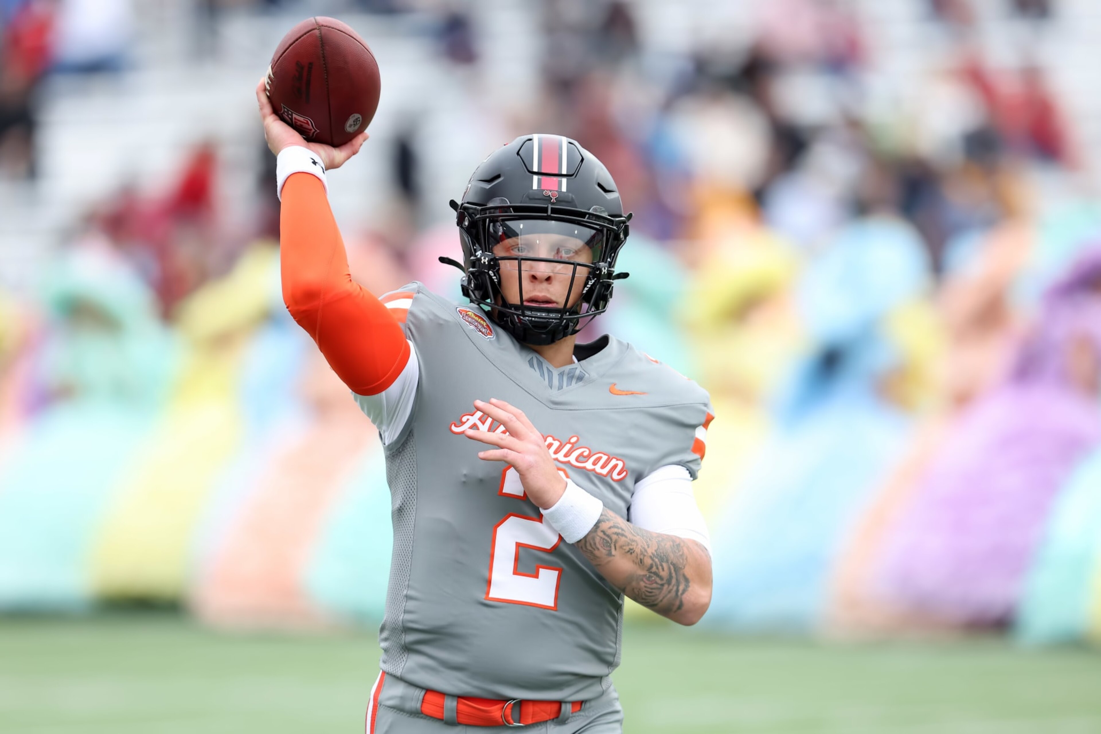 MOBILE, AL - FEBRUARY 03: American quarterback Spencer Rattler of South Carolina (2) warms up for the 2024 Reese's Senior Bowl on February 3, 2024 at Hancock Whitney Stadium in Mobile, Alabama.  (Photo by Michael Wade/Icon Sportswire via Getty Images)