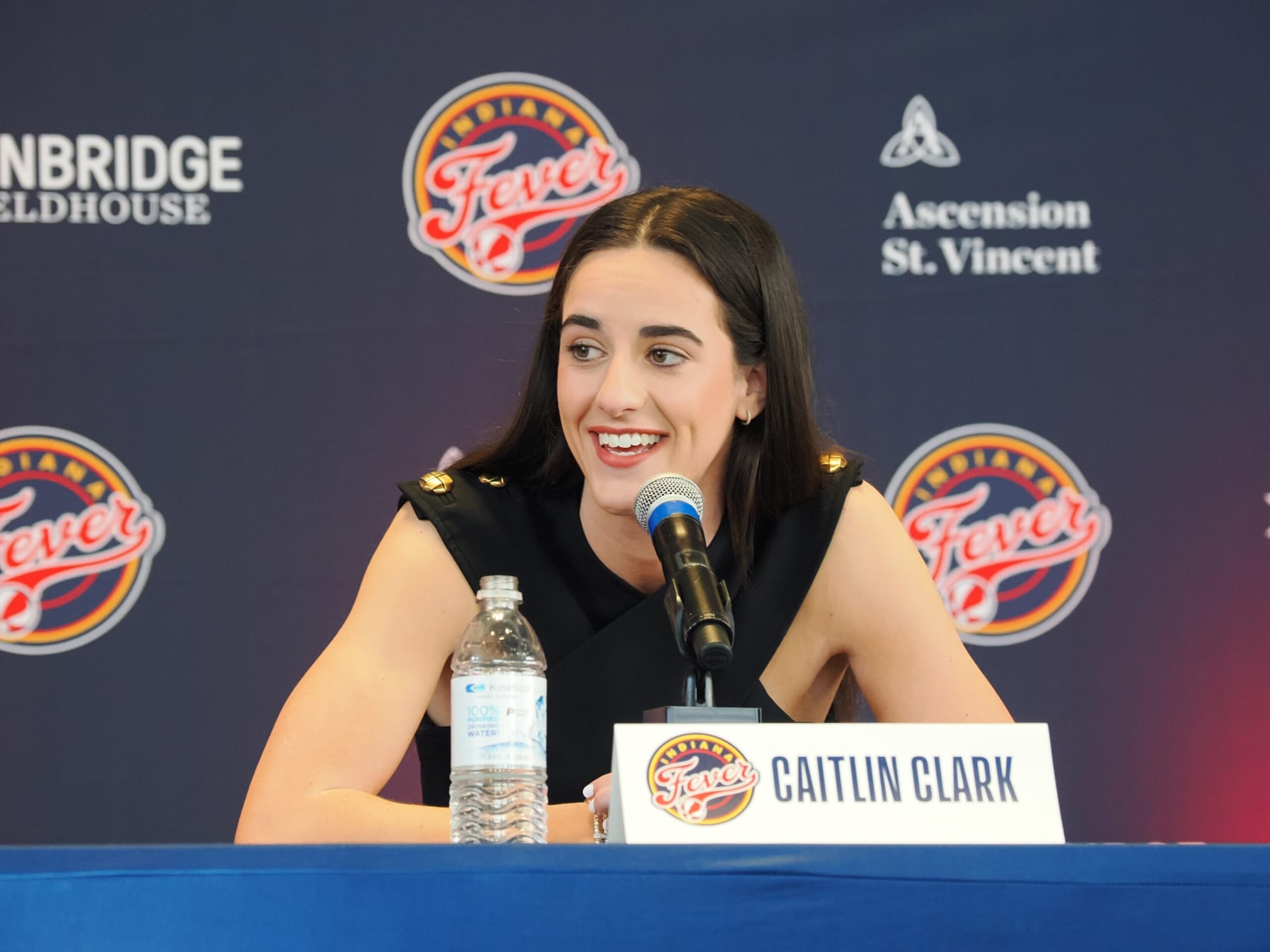 INDIANAPOLIS, IN - APRIL 17: Caitlin Clark of the Indiana Fever talks to the media during an introductory press conference on April 17, 2024 at Gainbridge Fieldhouse in Indianapolis, Indiana. NOTE TO USER: User expressly acknowledges and agrees that, by downloading and or using this Photograph, user is consenting to the terms and conditions of the Getty Images License Agreement. Mandatory Copyright Notice: Copyright 2024 NBAE (Photo by Ron Hoskins/NBAE via Getty Images) INDIANAPOLIS, IN - APRIL 17: Caitlin Clark of the Indiana Fever talks to the media during an introductory press conference on April 17, 2024 at Gainbridge Fieldhouse in Indianapolis, Indiana. NOTE TO USER: User expressly acknowledges and agrees that, by downloading and or using this Photograph, user is consenting to the terms and conditions of the Getty Images License Agreement. Mandatory Copyright Notice: Copyright 2024 NBAE (Photo by Ron Hoskins/NBAE via Getty Images)