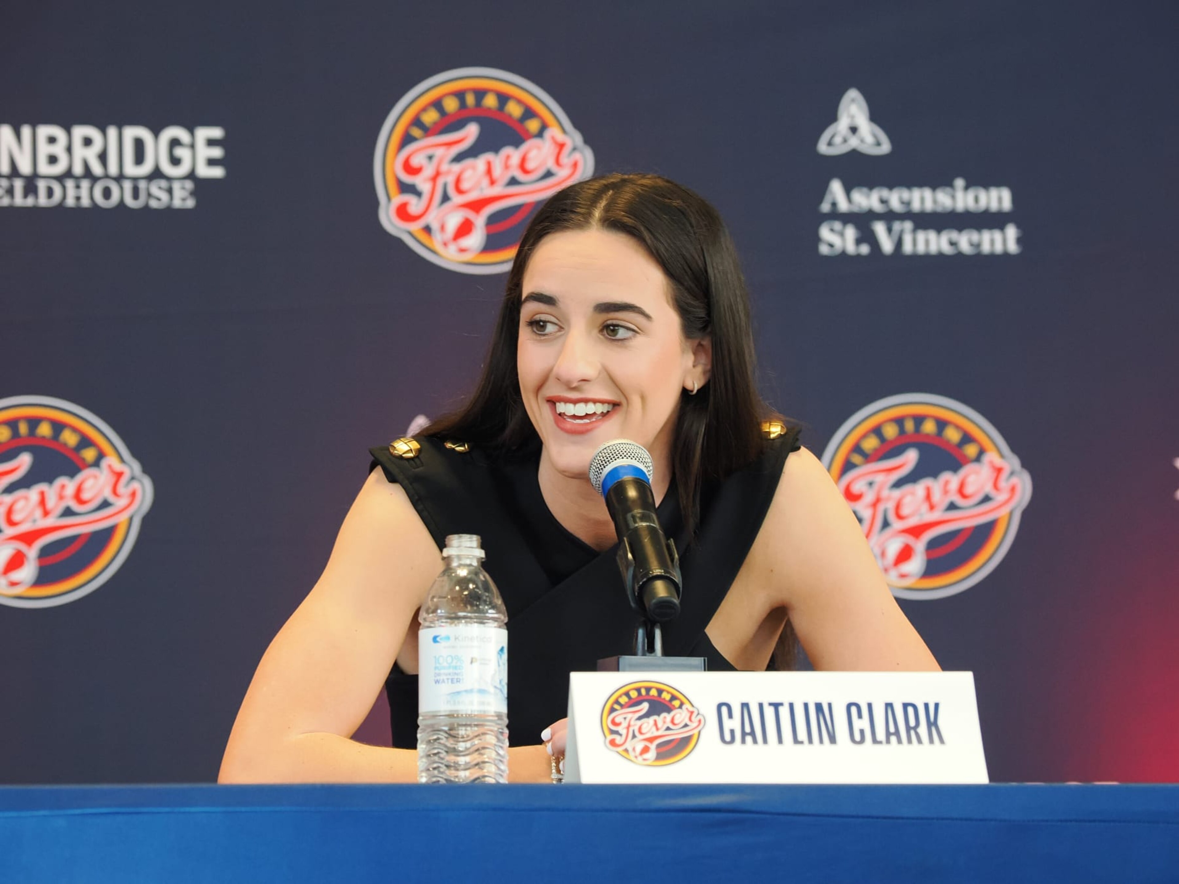 INDIANAPOLIS, IN - APRIL 17: Caitlin Clark of the Indiana Fever talks to the media during an introductory press conference on April 17, 2024 at Gainbridge Fieldhouse in Indianapolis, Indiana. NOTE TO USER: User expressly acknowledges and agrees that, by downloading and or using this Photograph, user is consenting to the terms and conditions of the Getty Images License Agreement. Mandatory Copyright Notice: Copyright 2024 NBAE (Photo by Ron Hoskins/NBAE via Getty Images)