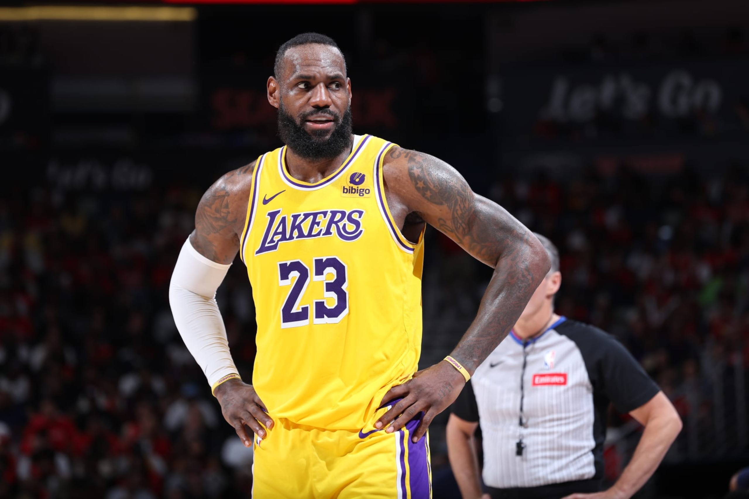NEW ORLEANS, LA - APRIL 16: LeBron James #23 of the Los Angeles Lakers looks on during the game against the New Orleans Pelicans during the 2024 Play-In Tournament on April 16, 2024 at the Smoothie King Center in New Orleans, Louisiana. NOTE TO USER: User expressly acknowledges and agrees that, by downloading and or using this Photograph, user is consenting to the terms and conditions of the Getty Images License Agreement. Mandatory Copyright Notice: Copyright 2024 NBAE (Photo by Jeff Haynes/NBAE via Getty Images) NEW ORLEANS, LA - APRIL 16: LeBron James #23 of the Los Angeles Lakers looks on during the game against the New Orleans Pelicans during the 2024 Play-In Tournament on April 16, 2024 at the Smoothie King Center in New Orleans, Louisiana. NOTE TO USER: User expressly acknowledges and agrees that, by downloading and or using this Photograph, user is consenting to the terms and conditions of the Getty Images License Agreement. Mandatory Copyright Notice: Copyright 2024 NBAE (Photo by Jeff Haynes/NBAE via Getty Images)