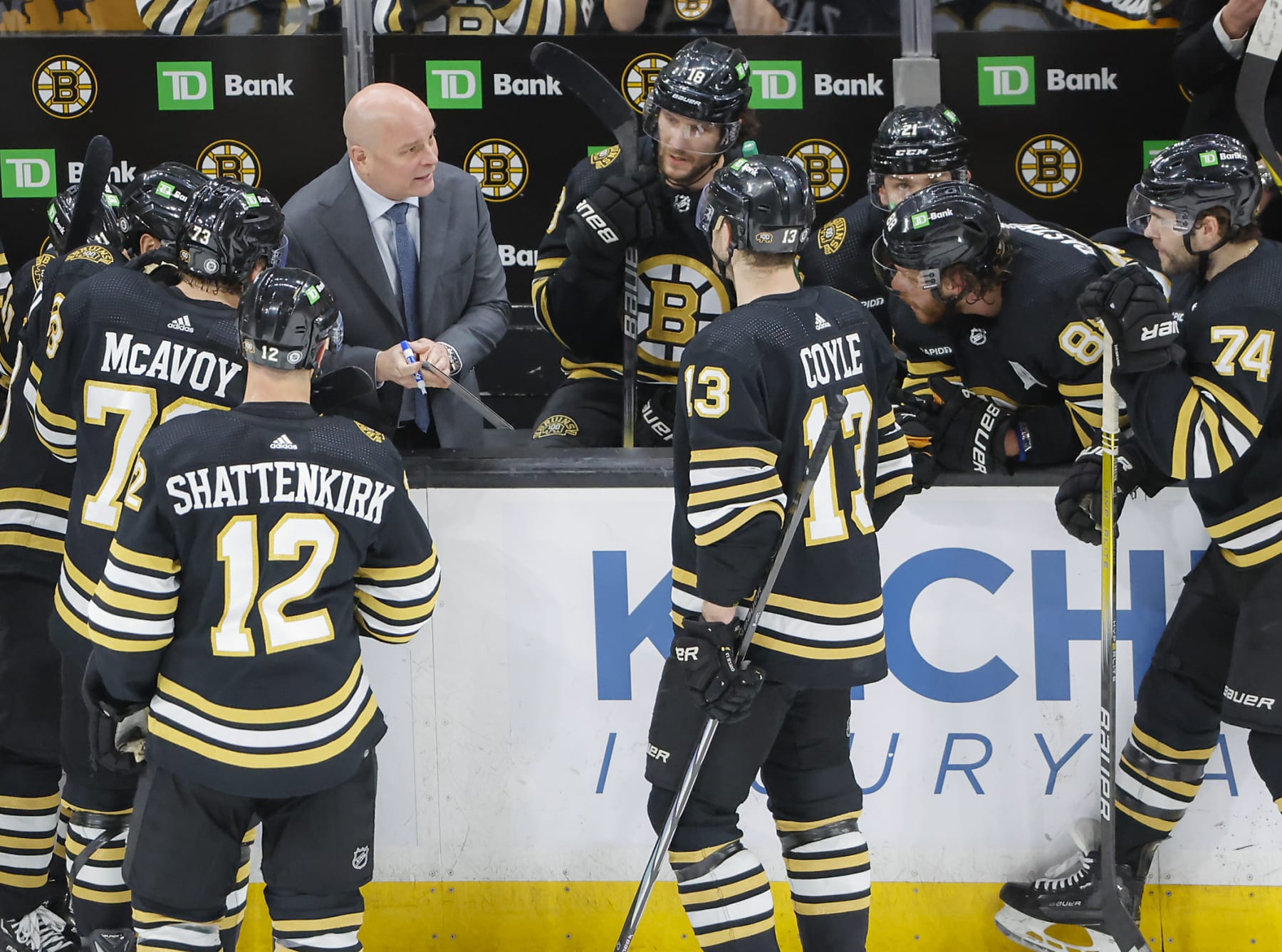 Boston, MA - April 16: Boston Bruins head coach Jim Montgomery drawing up a play in the third period. (Photo by Matthew J. Lee/The Boston Globe via Getty Images)